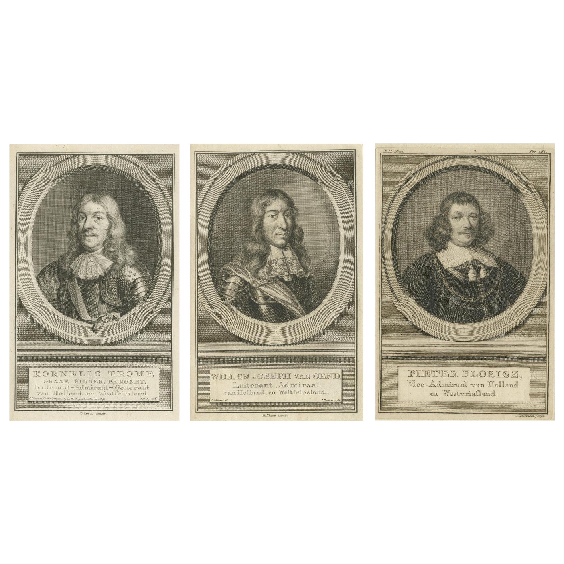 Set of Three Dutch Naval Portraits – Tromp, Van Ghend, and Florisz, c.1700s