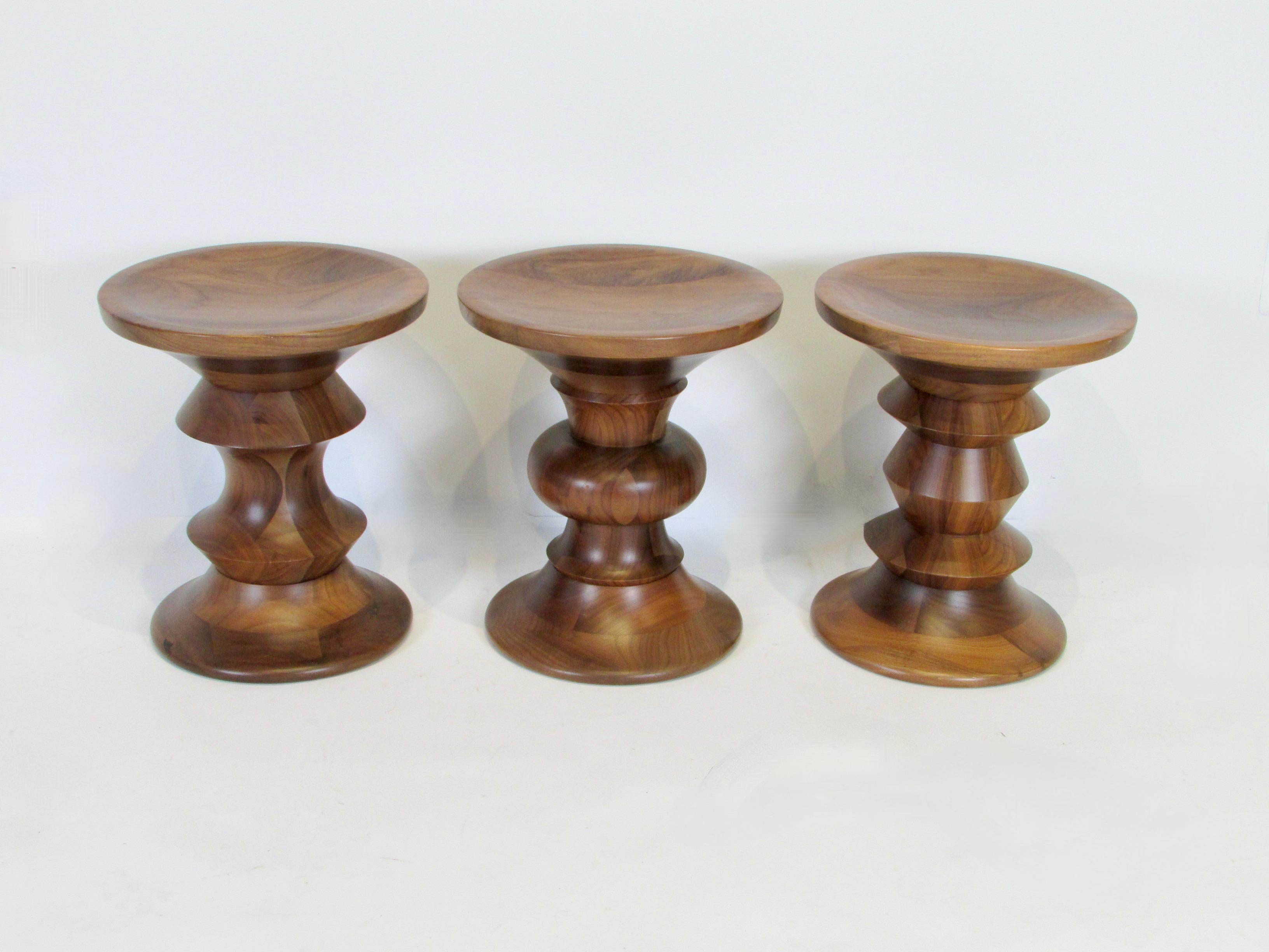 Set of Three Eames for Herman Miller Time Life Building Turned Wood Stools In Good Condition In Ferndale, MI