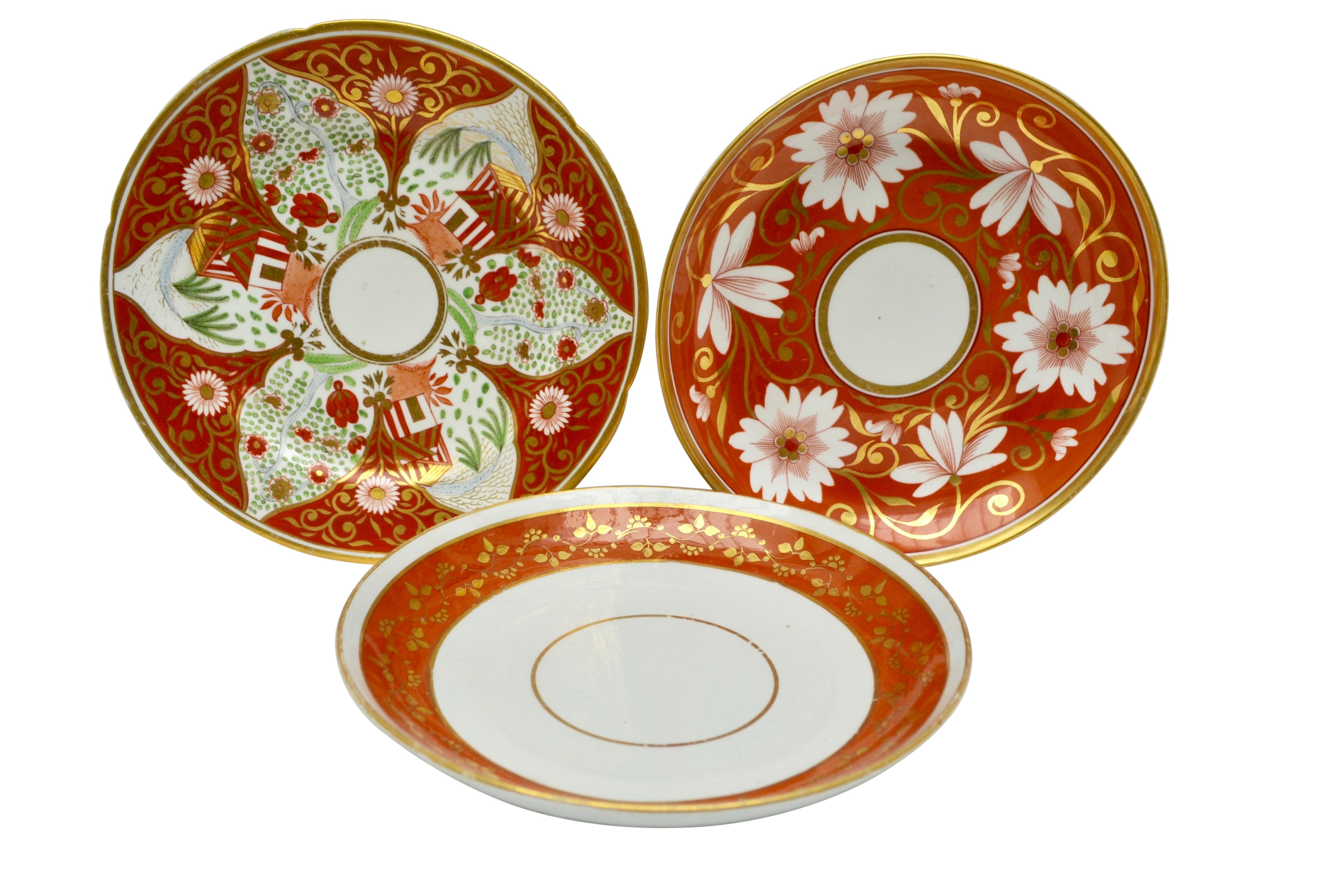 Regency Set of Three Early 19th Century English Coral and Gold Porcelain Plates