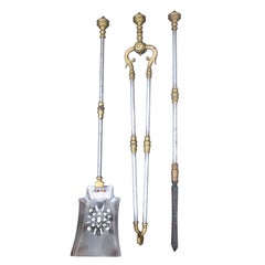 Antique Set of Three Early 19th Century Brass & Steel Fire Tools, Shovel, Stoke, Tongs