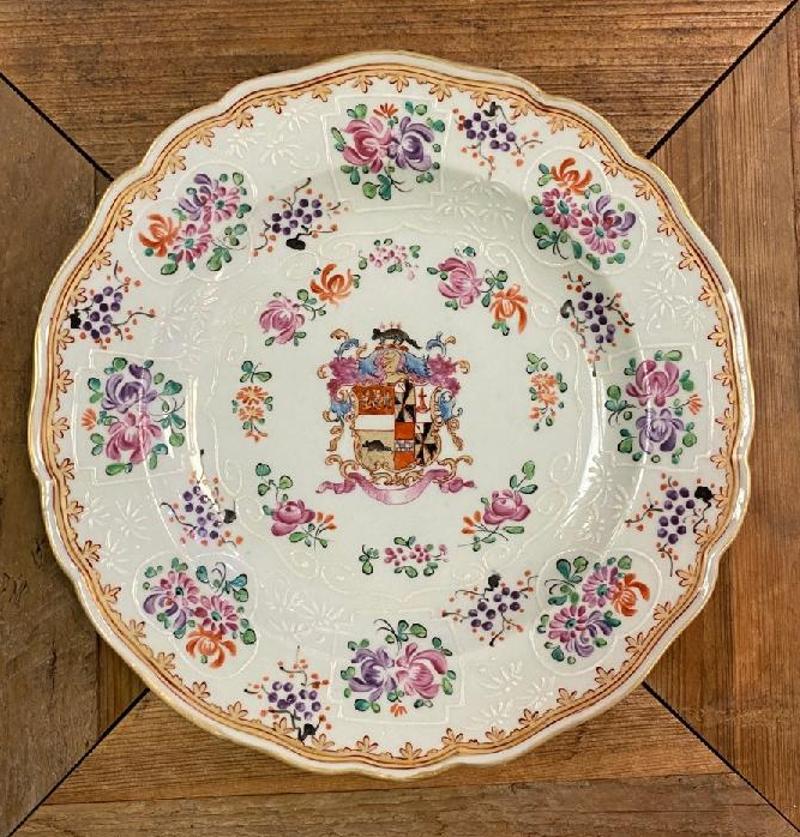 Set of Three Early 19th Century English Samson Porcelain Armorial Plates

Each plate depicts its own unique crest surrounded by a floral design. Marked on the bottoms with an Asian symbol. Lovely display pieces for the anglophile with the right