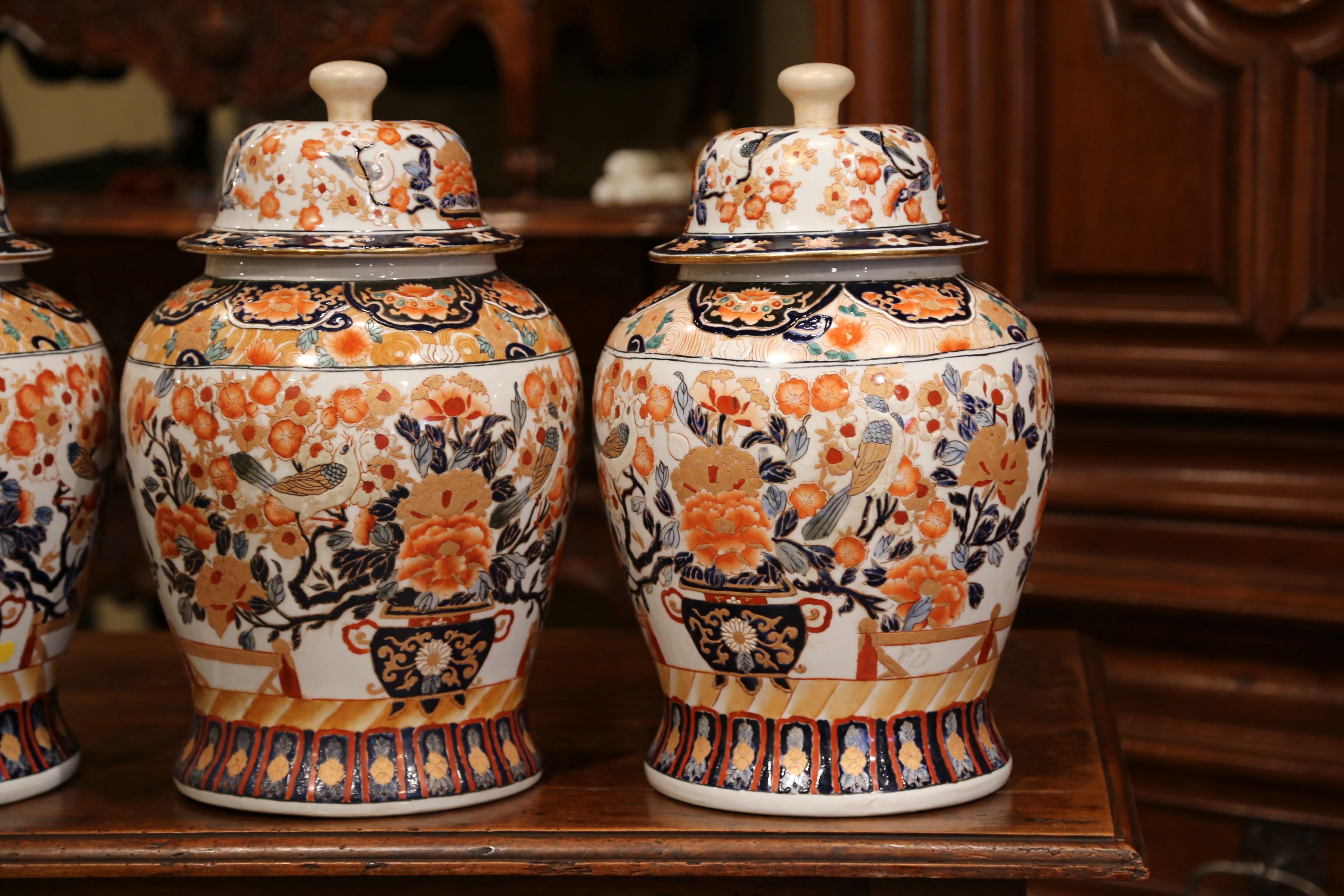 Hand-Painted Set of Three Early 20th Century, Chinese Export Porcelain Ginger Jars with Lids