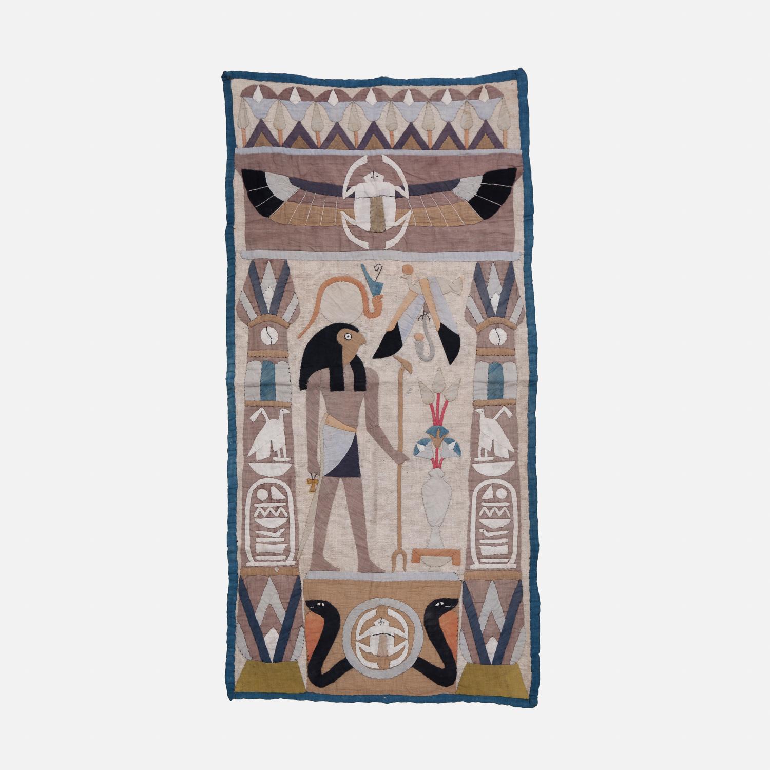 Set of three early 20th century Egyptian applique panels, depicting ancient Egyptian imagery.

All three panels have small brass eyelets in the top corners for hanging.

Measures: Small panels Height 45 cm x Width 45 cm.
Large panel Height 92