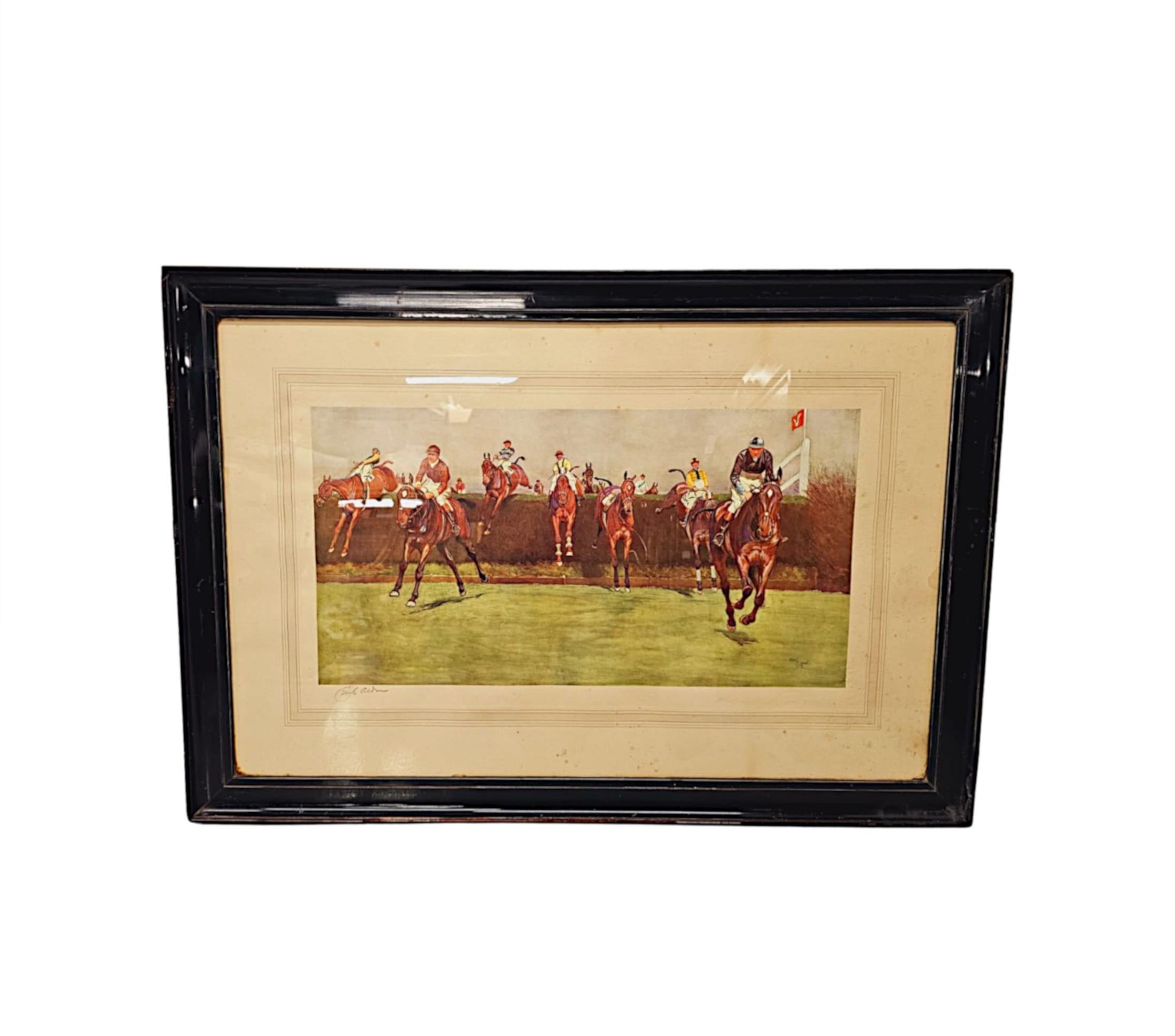 Rare série de trois estampes en édition limitée du début du 20e siècle, teintées à la main par Cecil Aldine (1870-1935), représentant des scènes de saut du Grand National : 