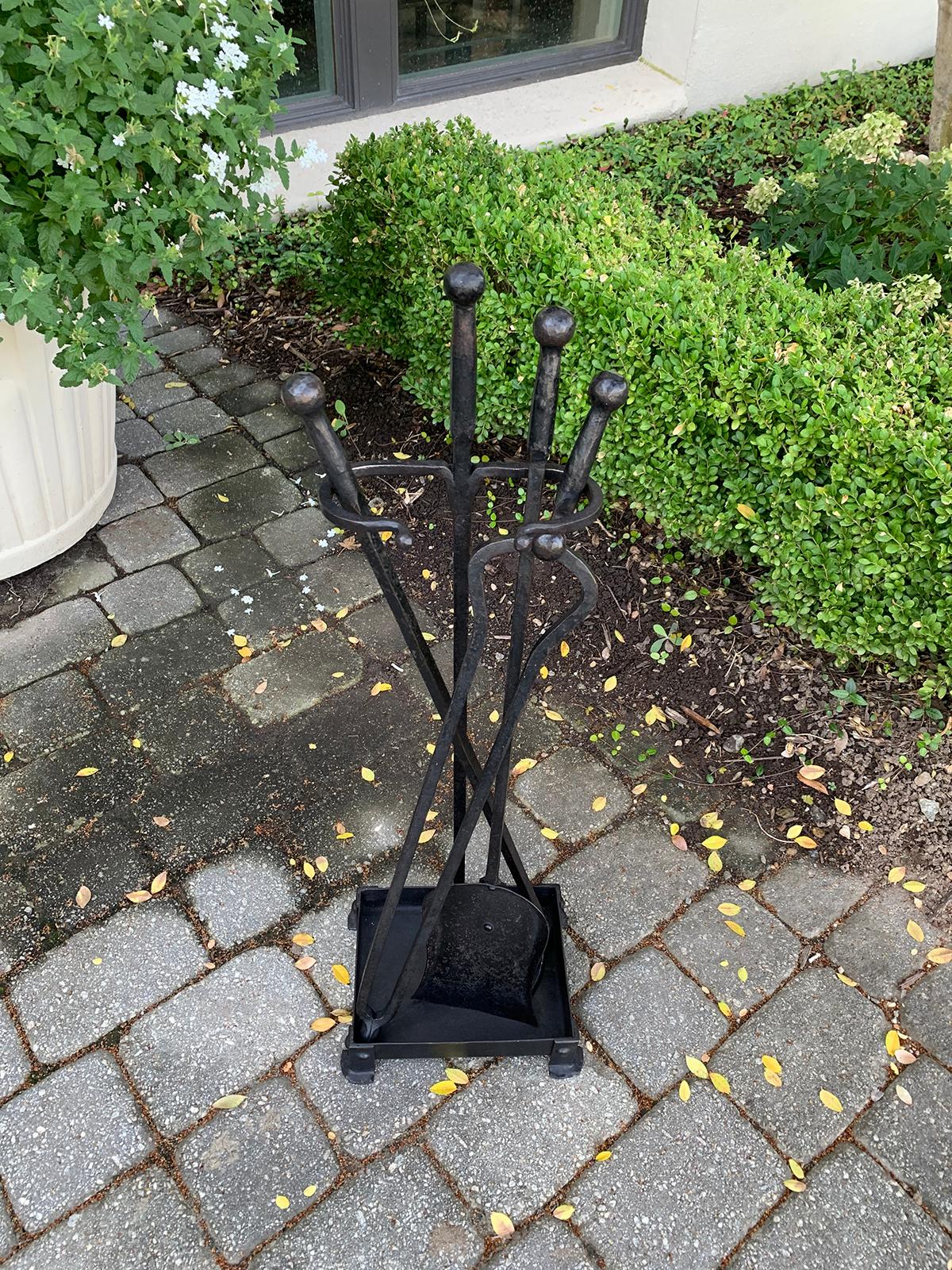 Set of Three Early 20th Century Iron Firetools on Stand, Poker, Shovel, & Tongs 9