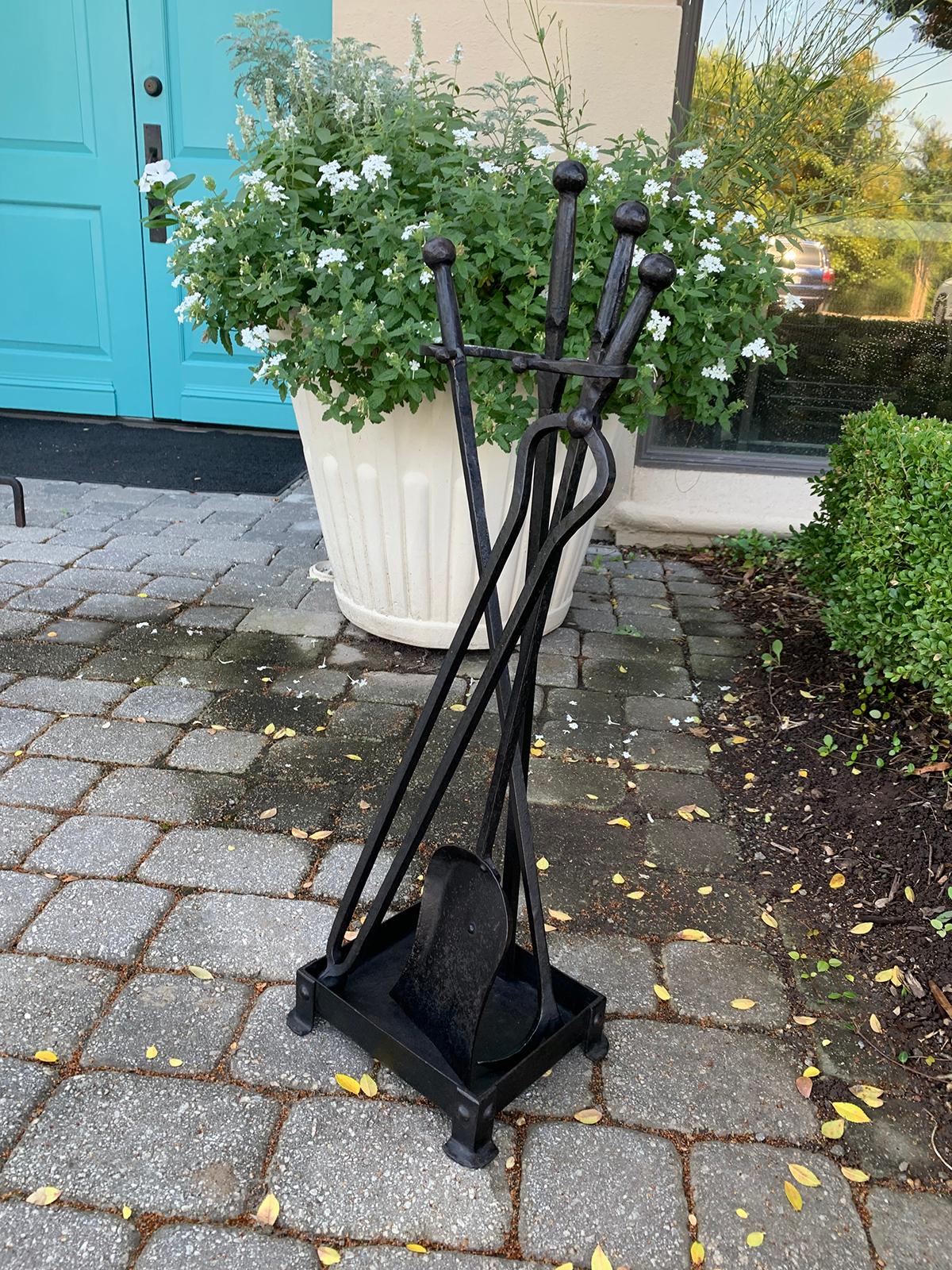 Set of Three Early 20th Century Iron Firetools on Stand, Poker, Shovel, & Tongs In Good Condition In Atlanta, GA