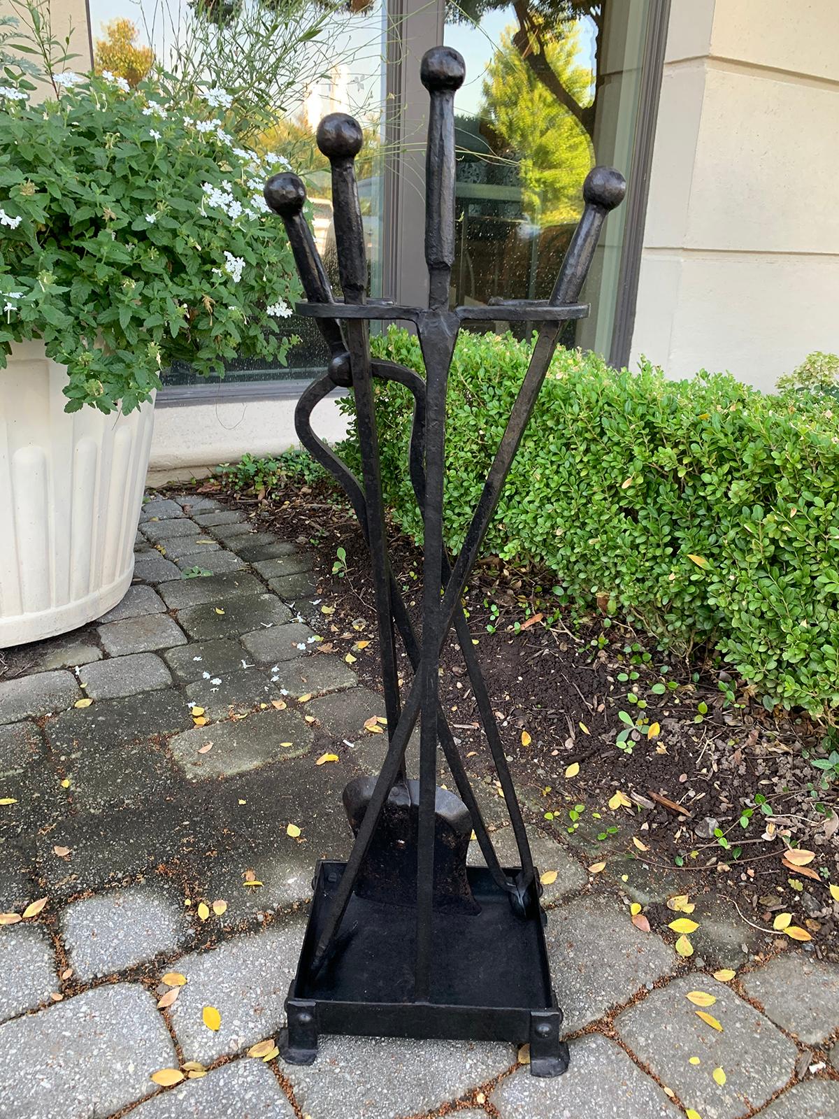 Set of Three Early 20th Century Iron Firetools on Stand, Poker, Shovel, & Tongs 2