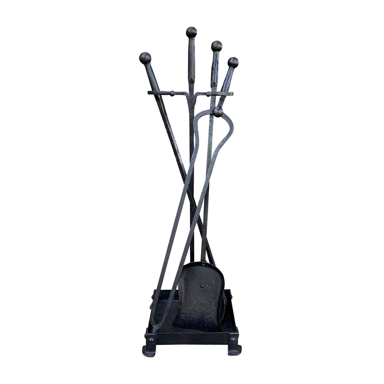 Set of Three Early 20th Century Iron Firetools on Stand, Poker, Shovel, & Tongs