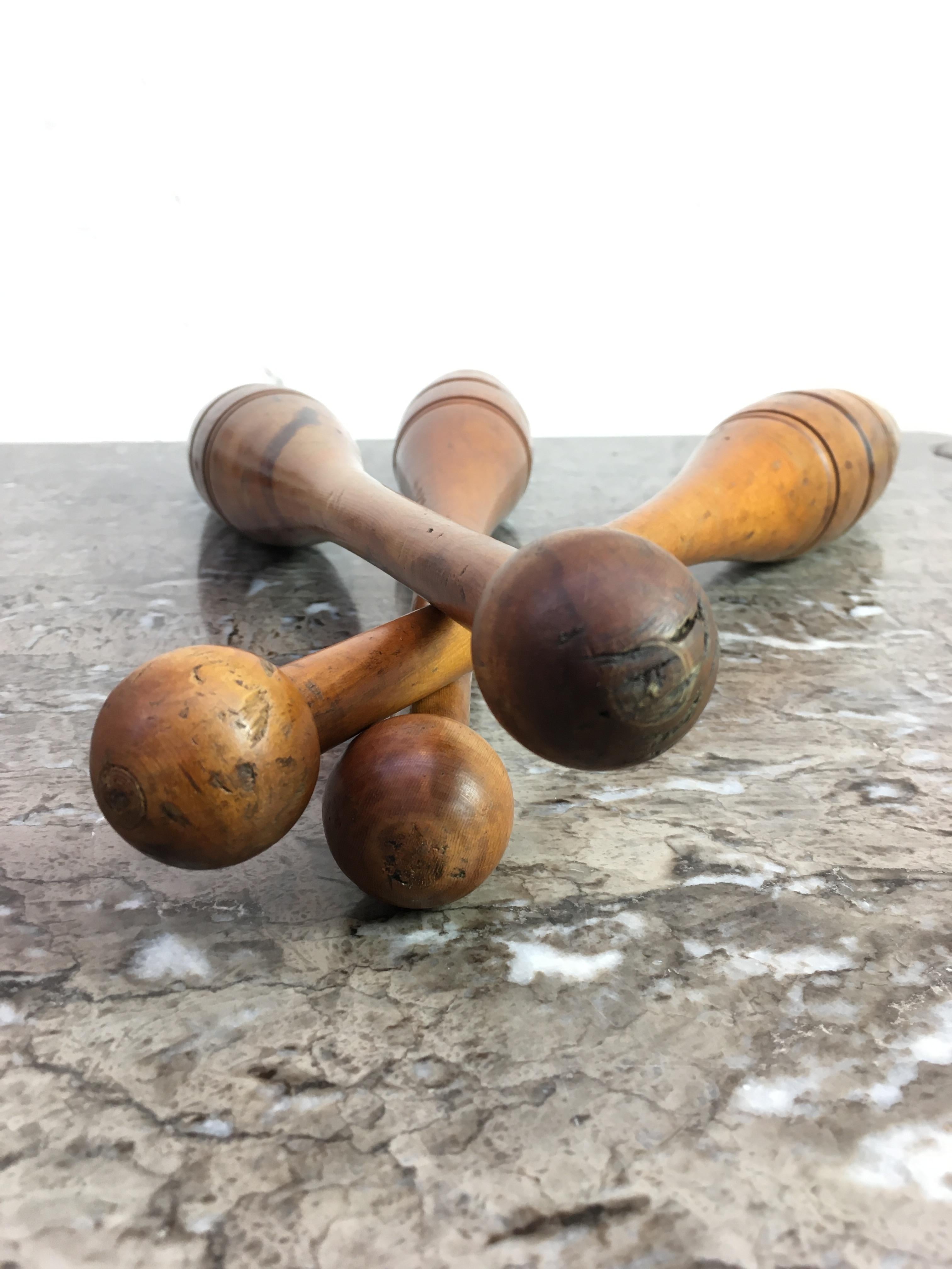 Industrial Set of Three Early 20th Century Turned Maple Juggling Pins Clubs