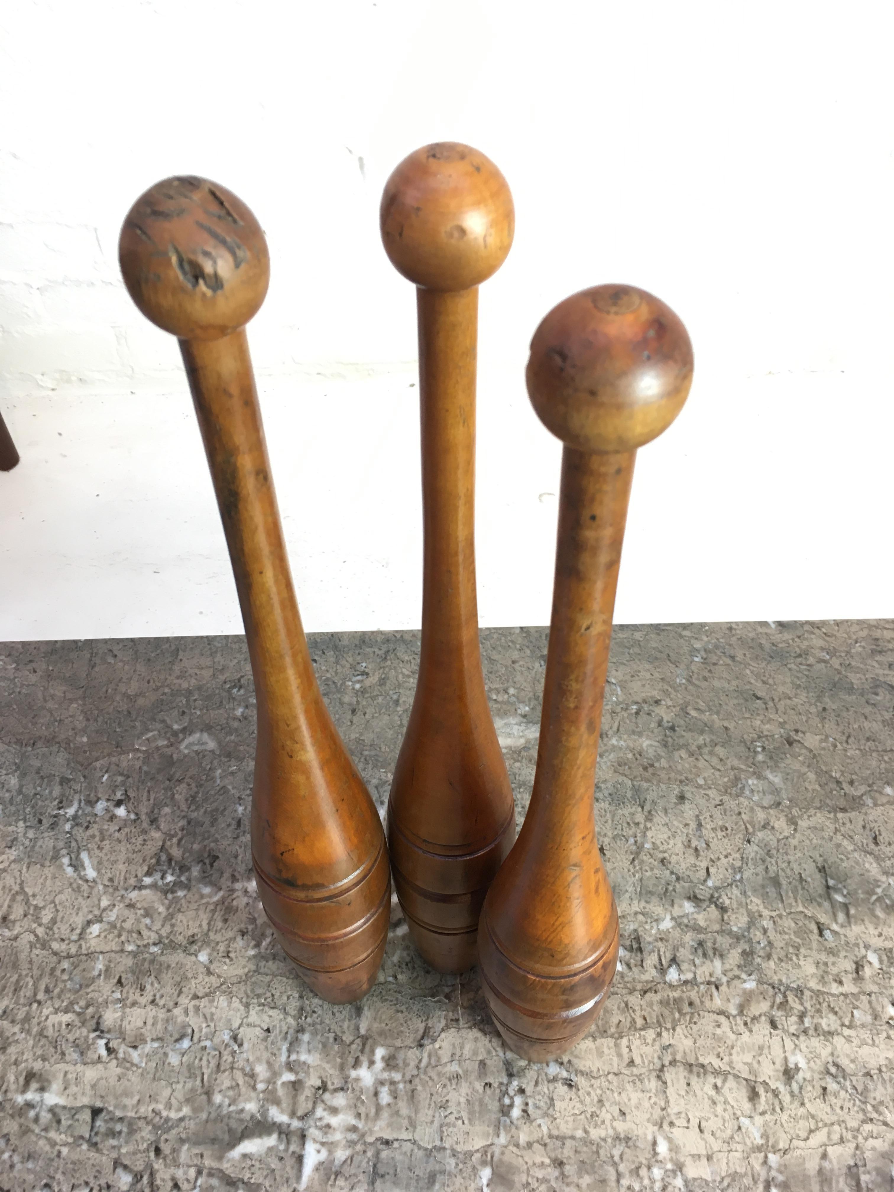 English Set of Three Early 20th Century Turned Maple Juggling Pins Clubs