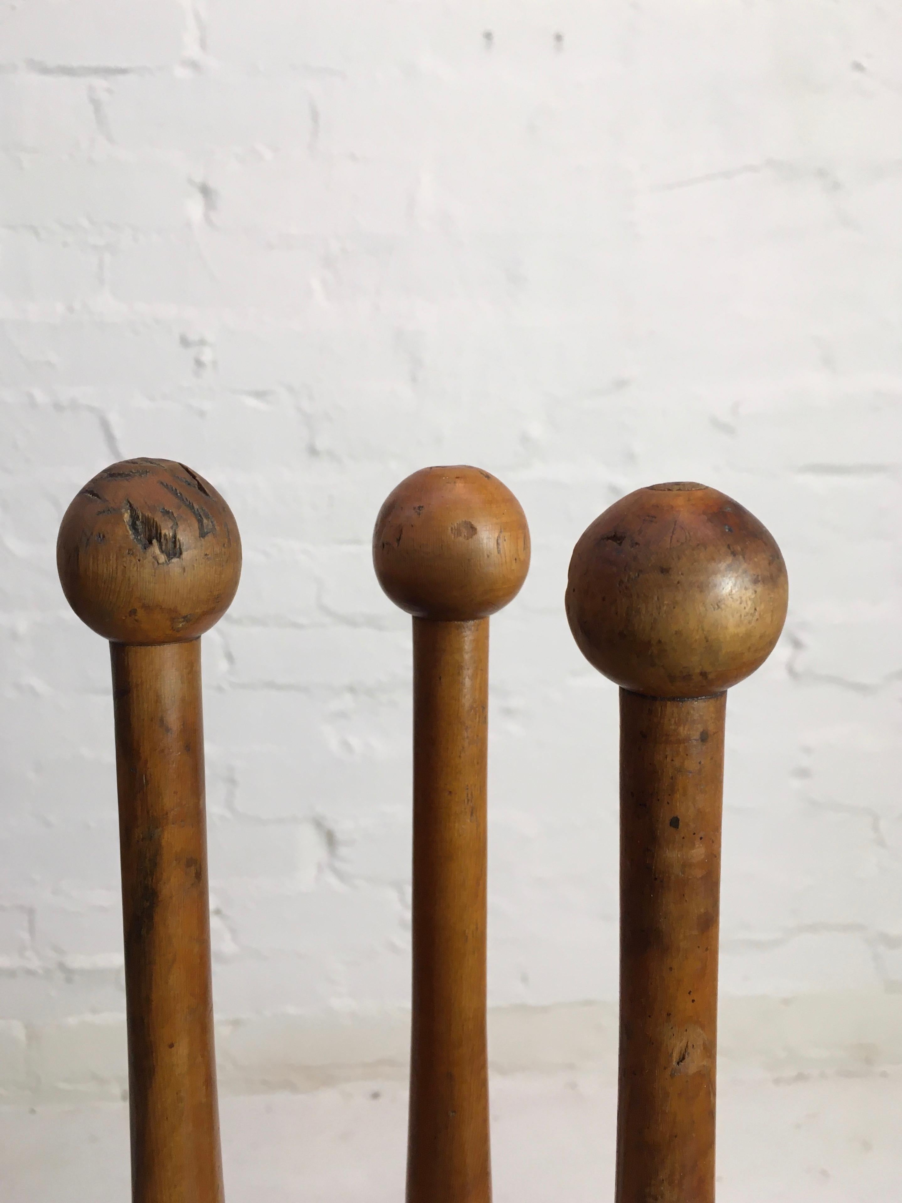 Set of Three Early 20th Century Turned Maple Juggling Pins Clubs 1