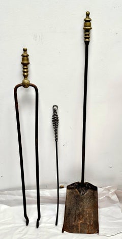 Set of Three Early American Brass and Iron Fireplace Tools