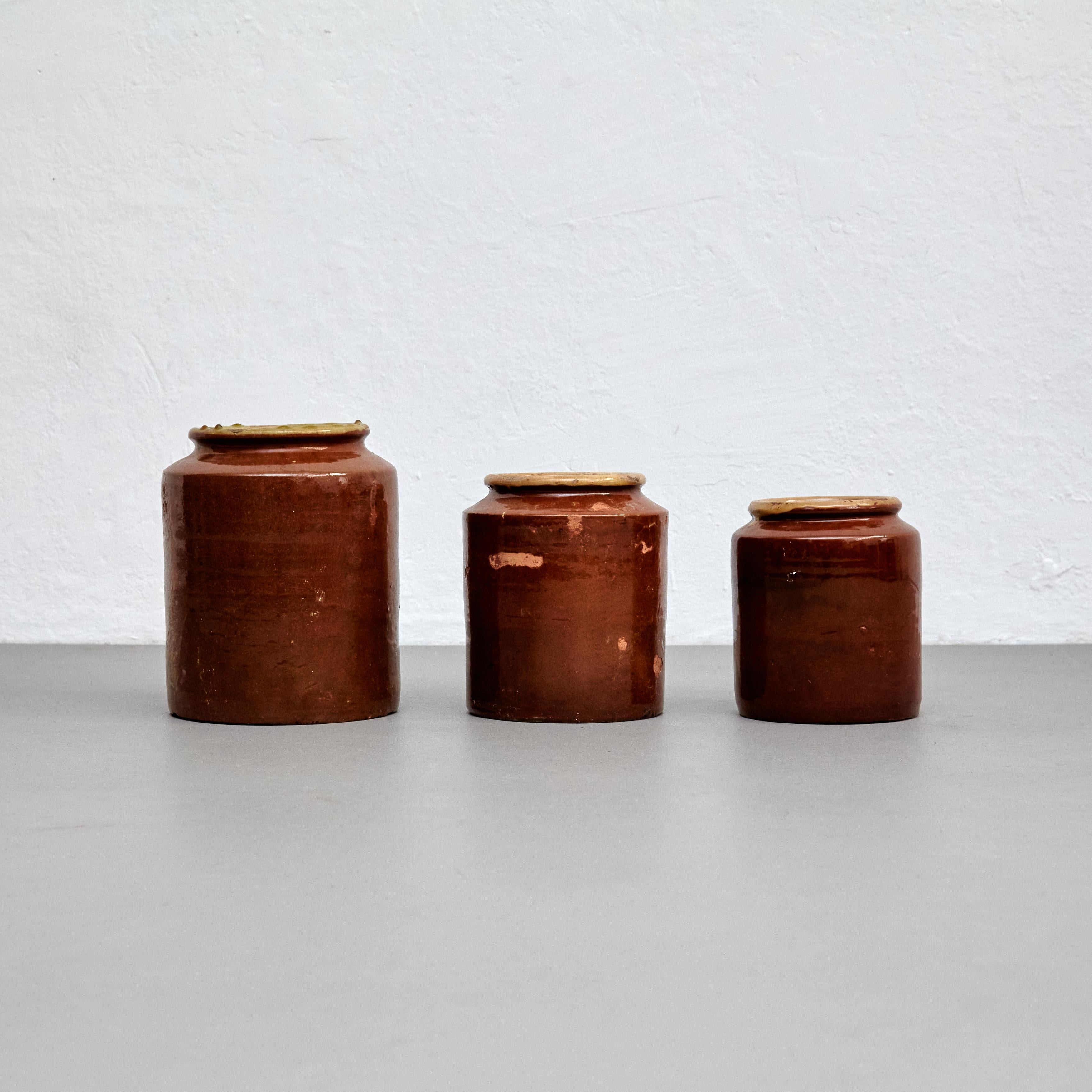 Mid-Century Modern Set of Three Early XXth Century Rustic Ceramic Vases, circa 1940 For Sale