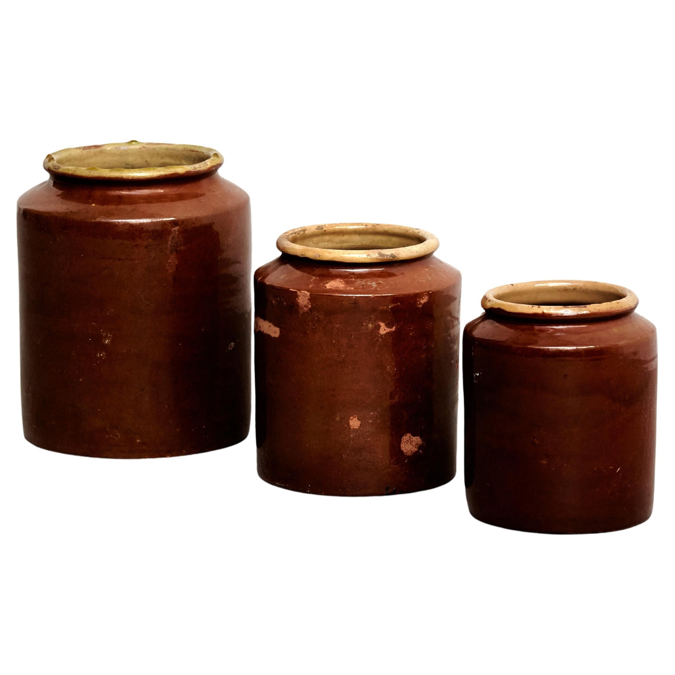 Set of Three Early XXth Century Rustic Ceramic Vases, circa 1940 For Sale