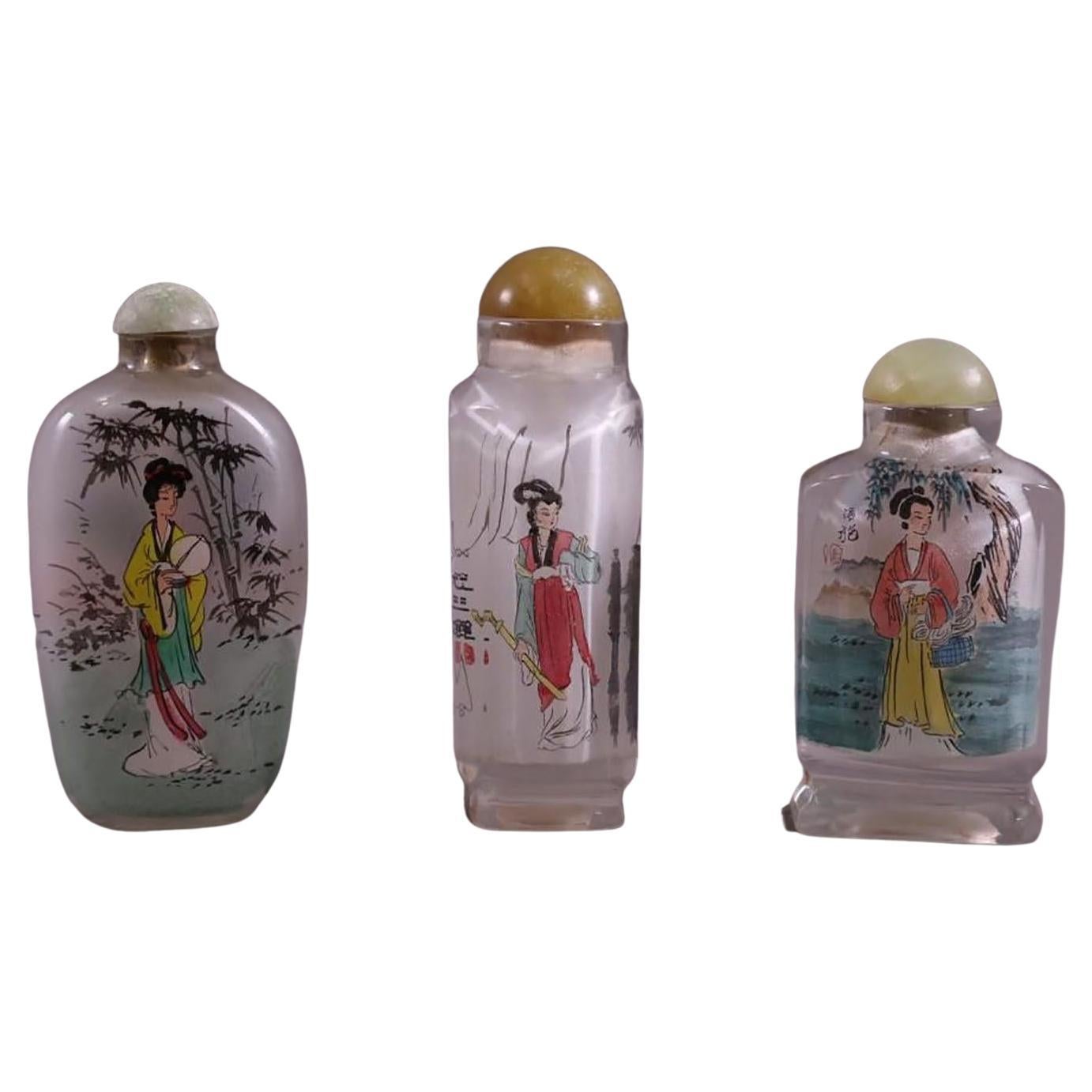 Set of Three Eglomise Reverse Painted Snuff Bottles with Female Portraits For Sale