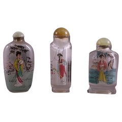 Set of Three Eglomise Reverse Painted Snuff Bottles with Female Portraits
