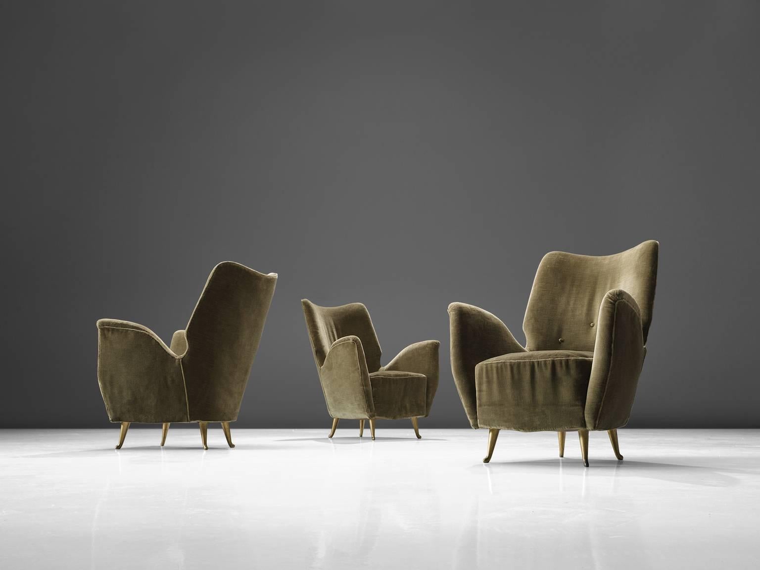 Mid-Century Modern Set of Three Elegant Wingback Chairs for ISA in Original Green Velvet
