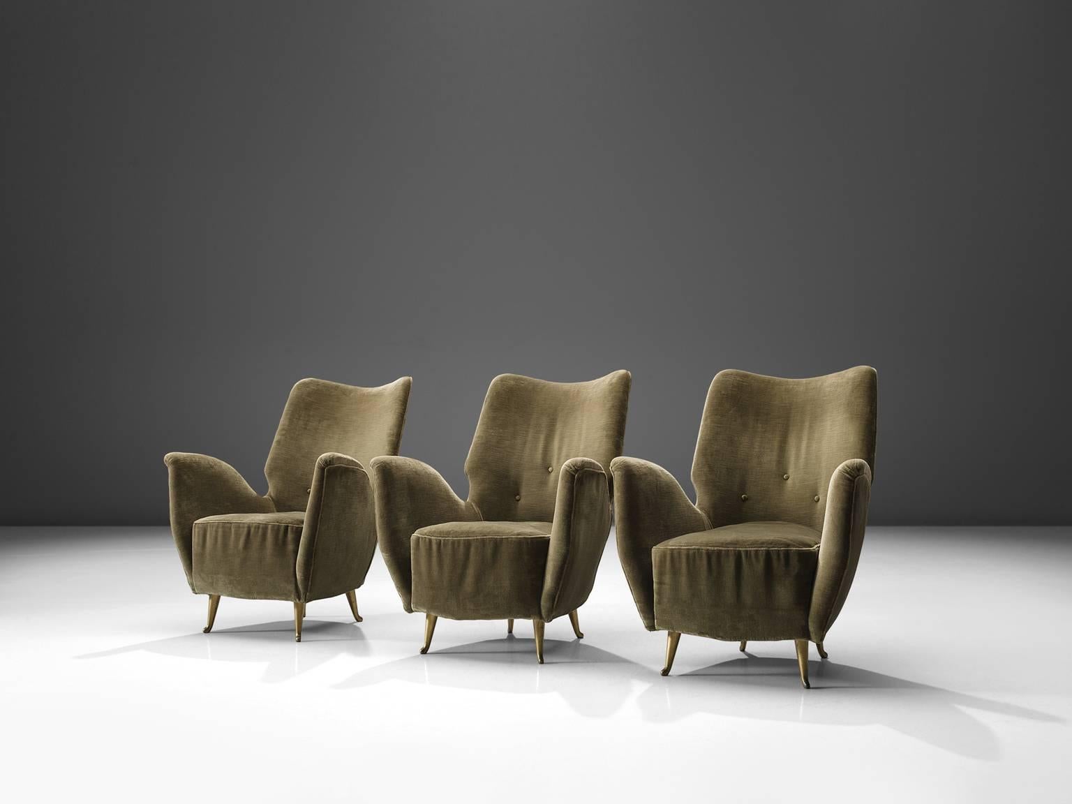 Italian Set of Three Elegant Wingback Chairs for ISA in Original Green Velvet