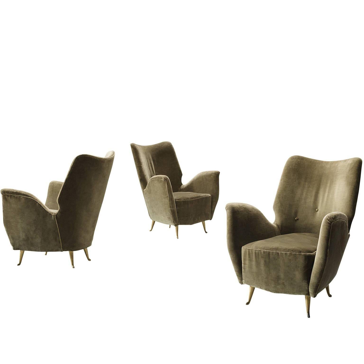 Set of Three Elegant Wingback Chairs for ISA in Original Green Velvet