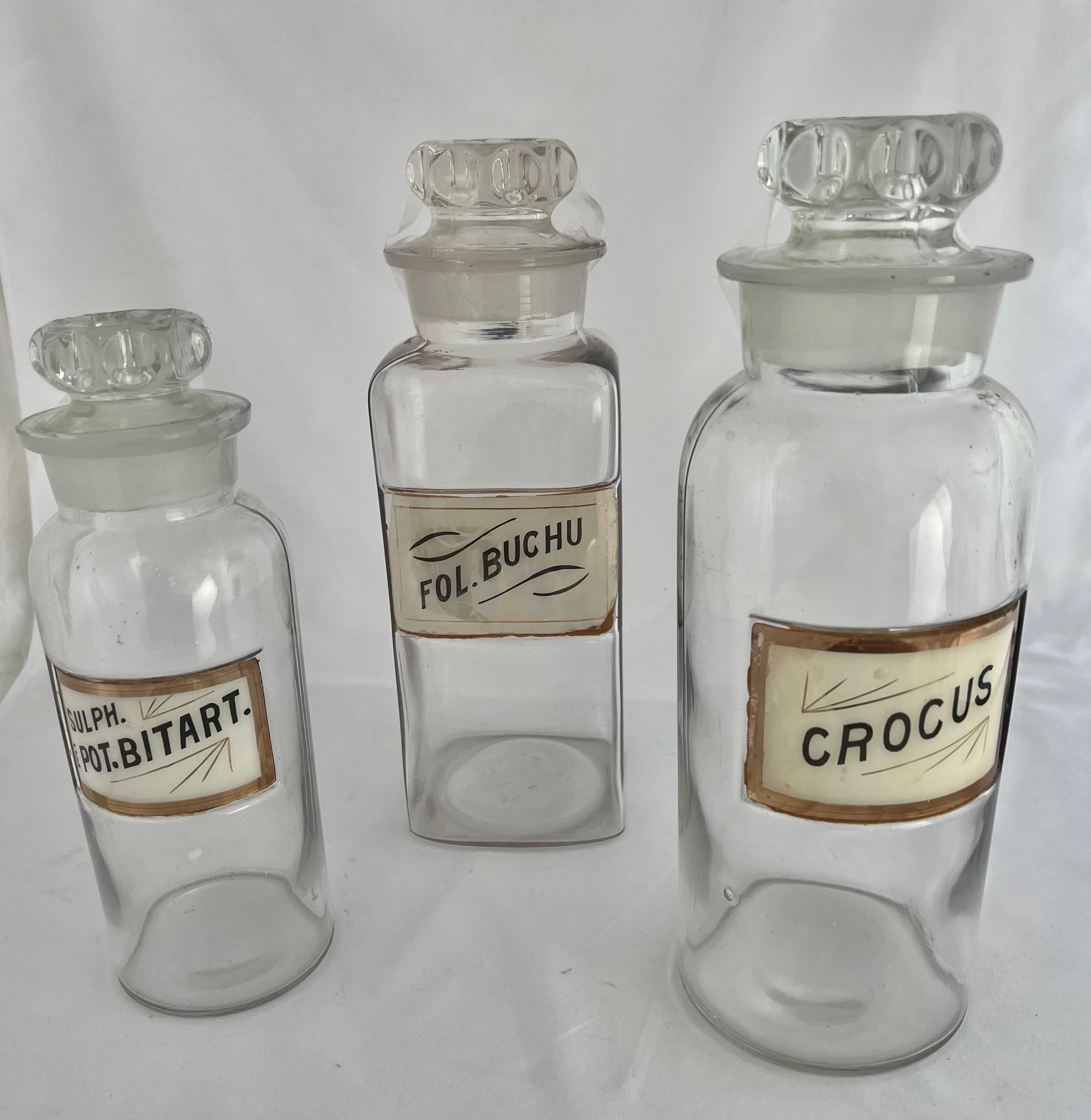 Set of three glass Apothecary Jars with their original labels. Great accent for any style room. 

Size Crocus: 12.5