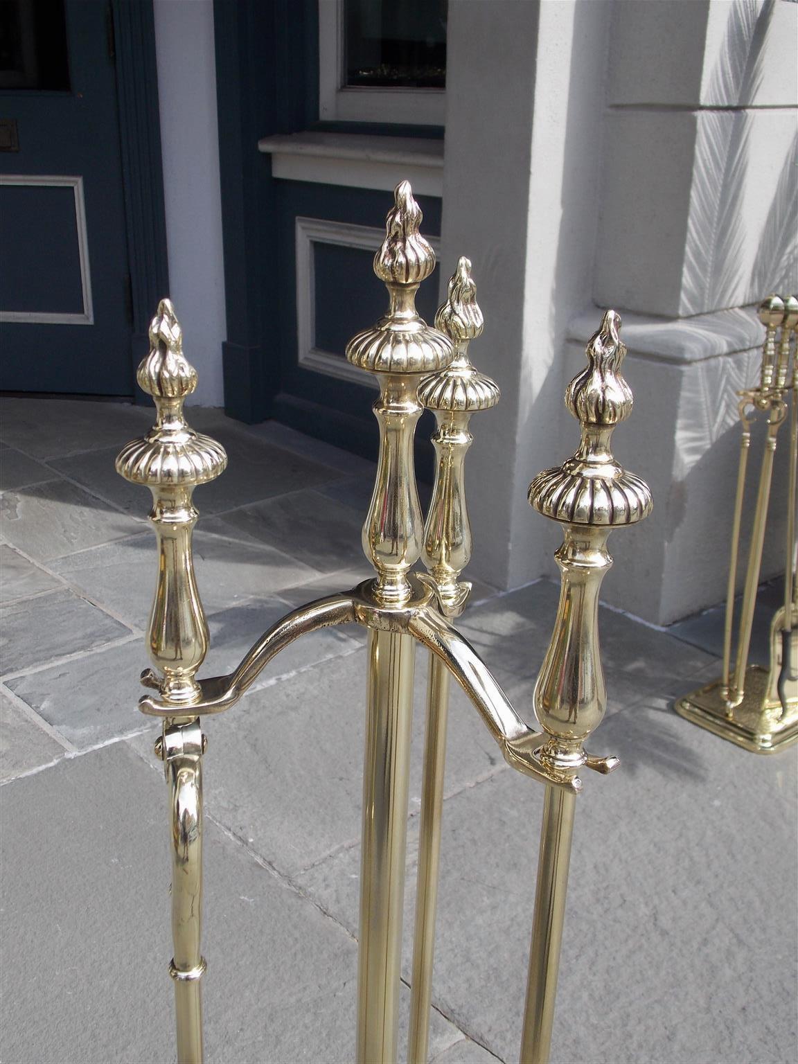 Cast Set of Three English Brass Flame and Melon Finial Fire Tools on Stand Circa 1850