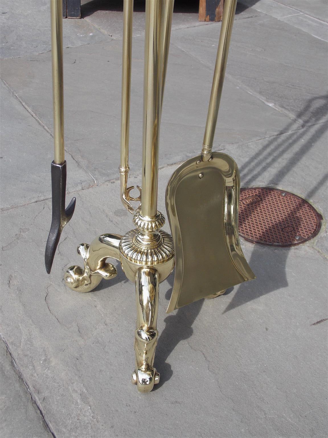 Mid-19th Century Set of Three English Brass Flame and Melon Finial Fire Tools on Stand Circa 1850