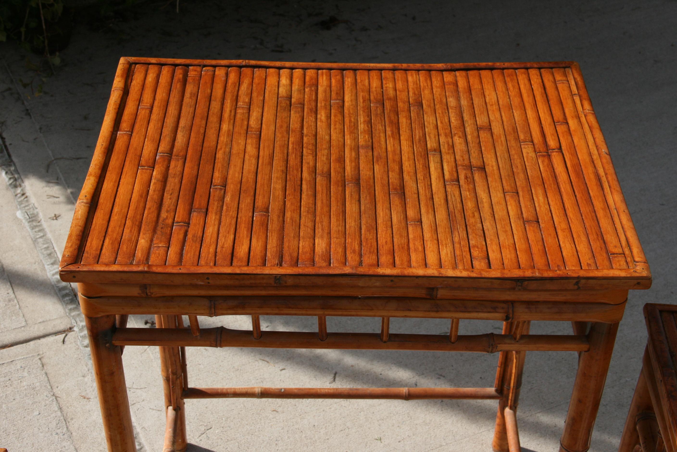 Set of Three English Colonial Burnt Bamboo Stackable Tables For Sale 2