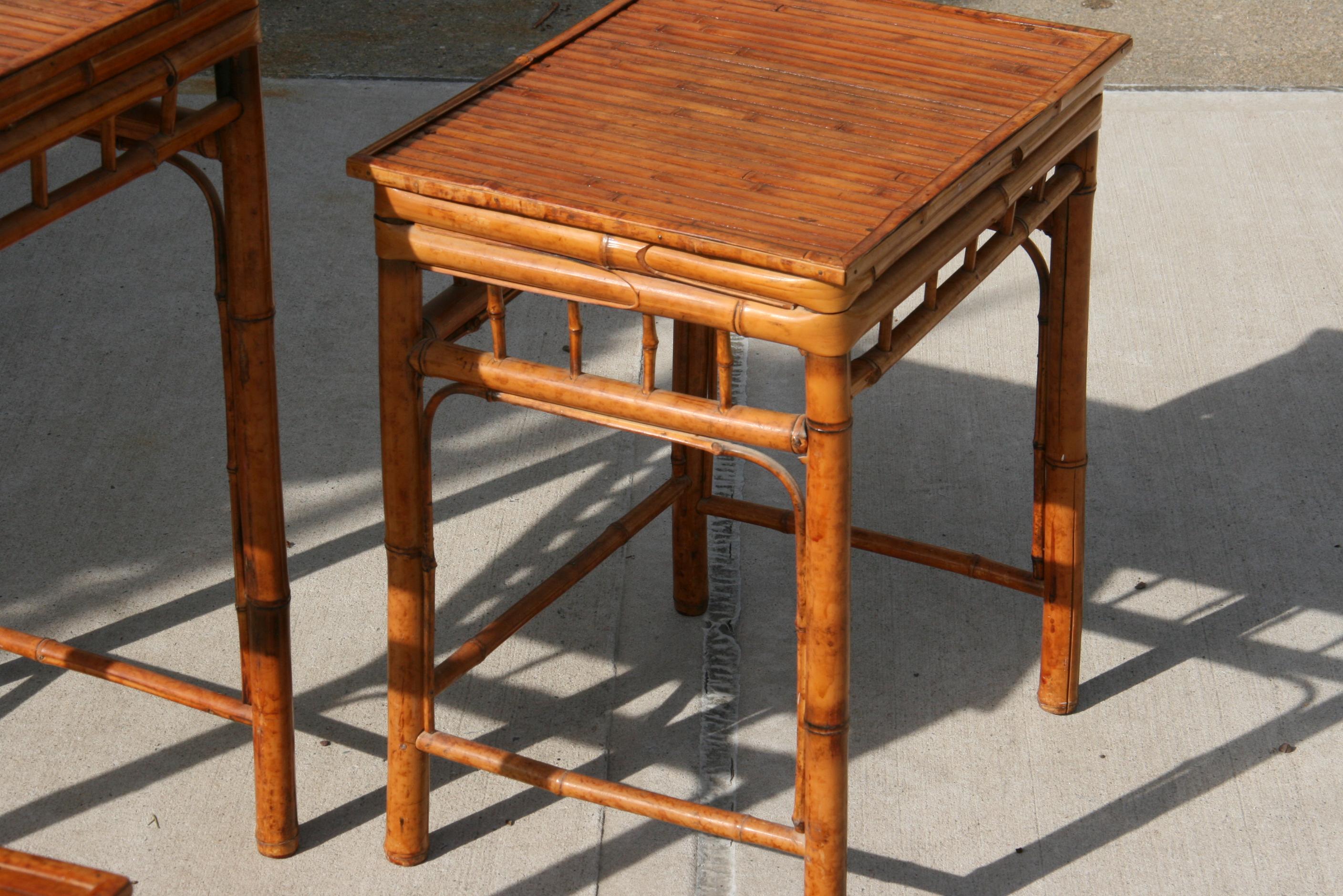 Set of Three English Colonial Burnt Bamboo Stackable Tables For Sale 4