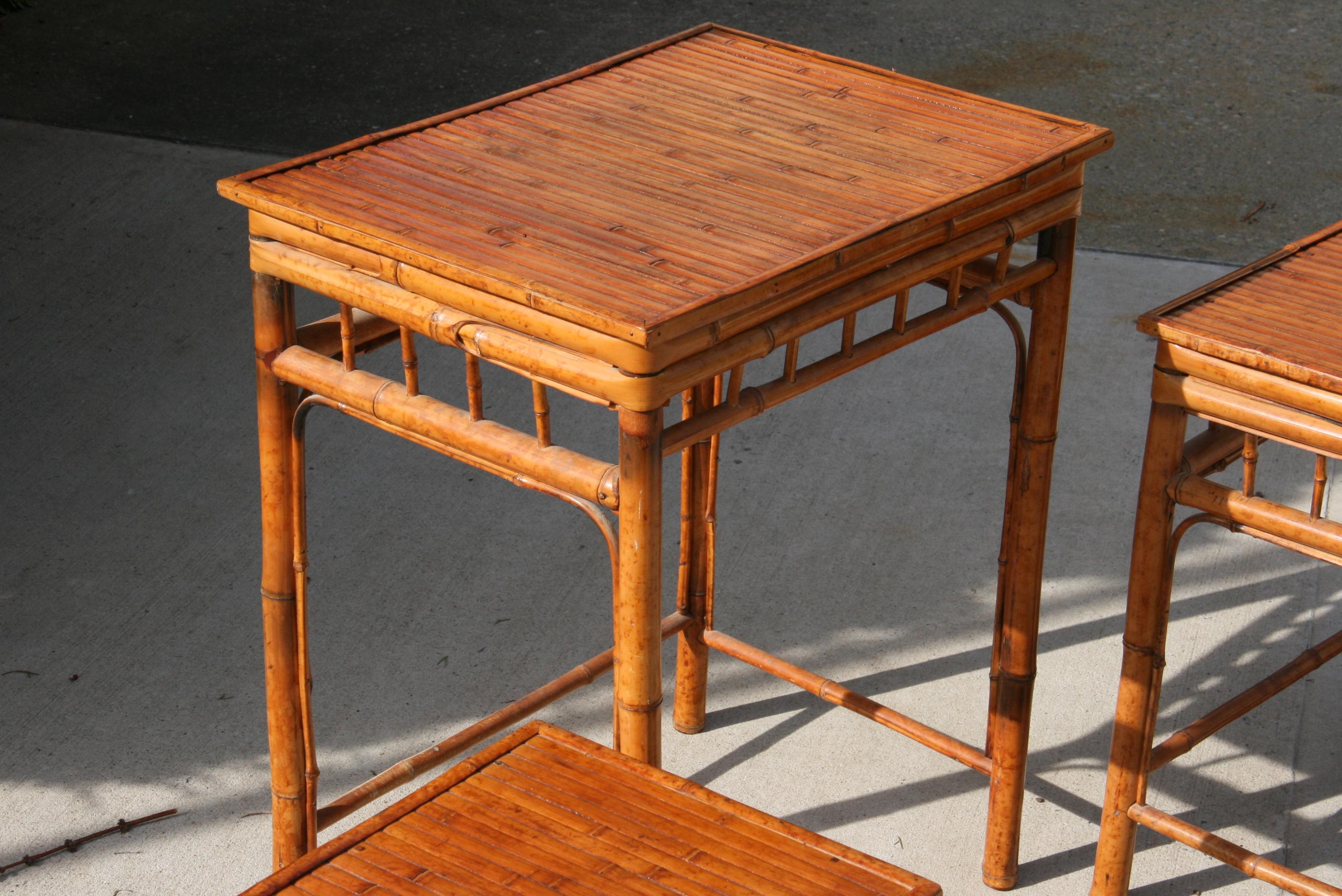 Set of Three English Colonial Burnt Bamboo Stackable Tables For Sale 5