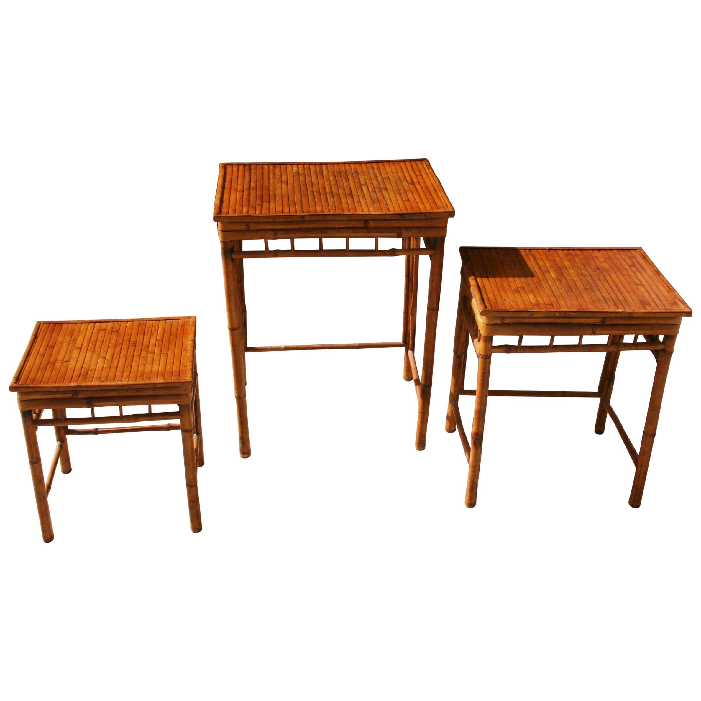 Set of Three English Colonial Burnt Bamboo Stackable Tables For Sale