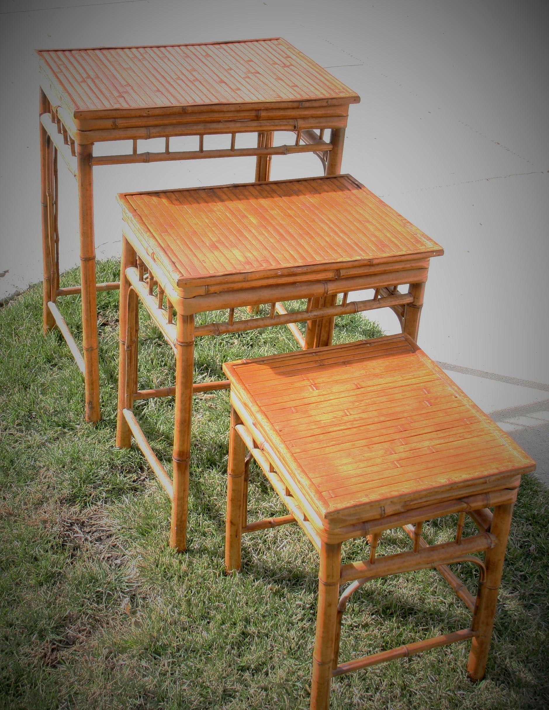 3-465 Set of English Colonial burnt bamboo tables
Measures: 16.5 x 22.5 x 27