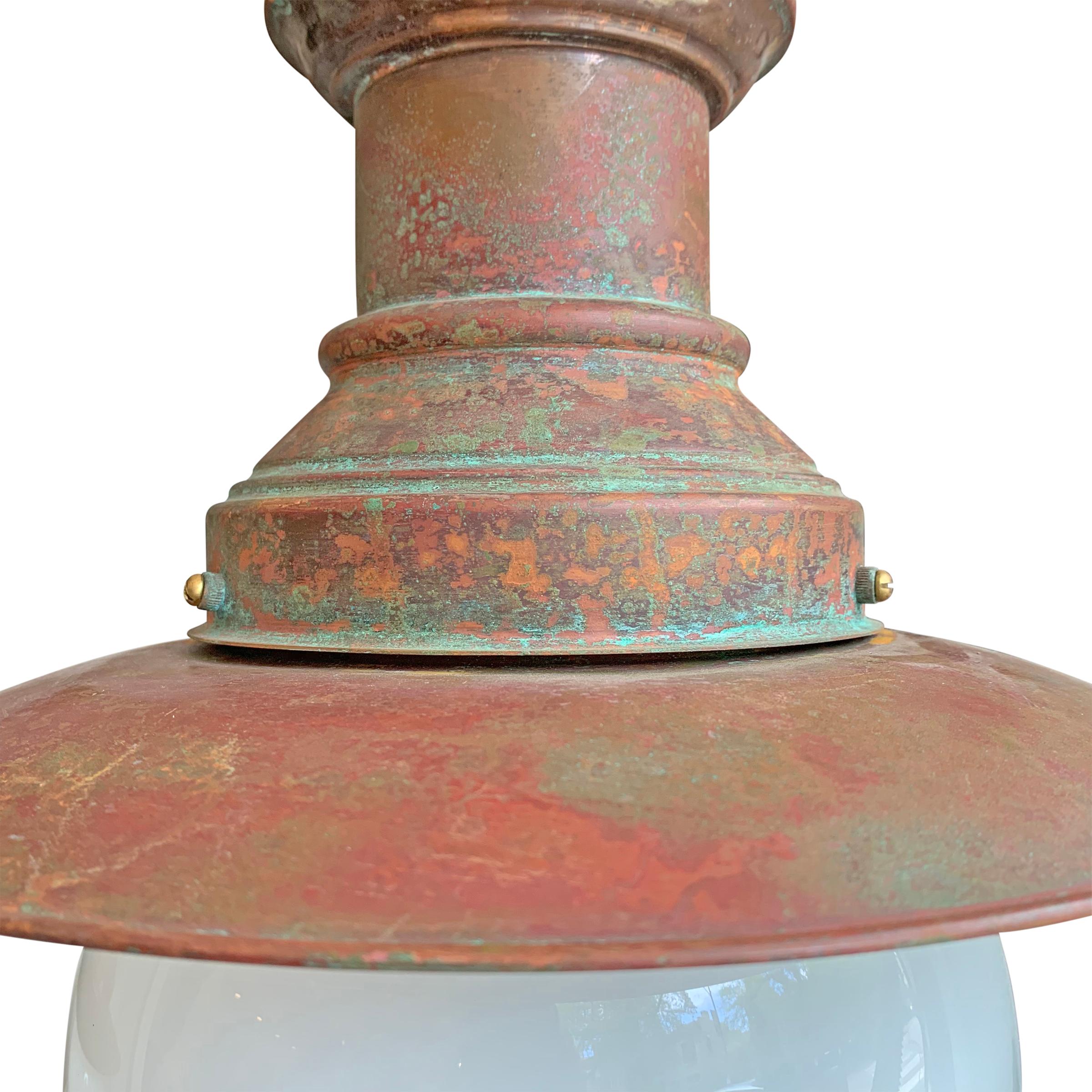 Set of Three English Copper Train Station Pendent Lights In Good Condition In Chicago, IL