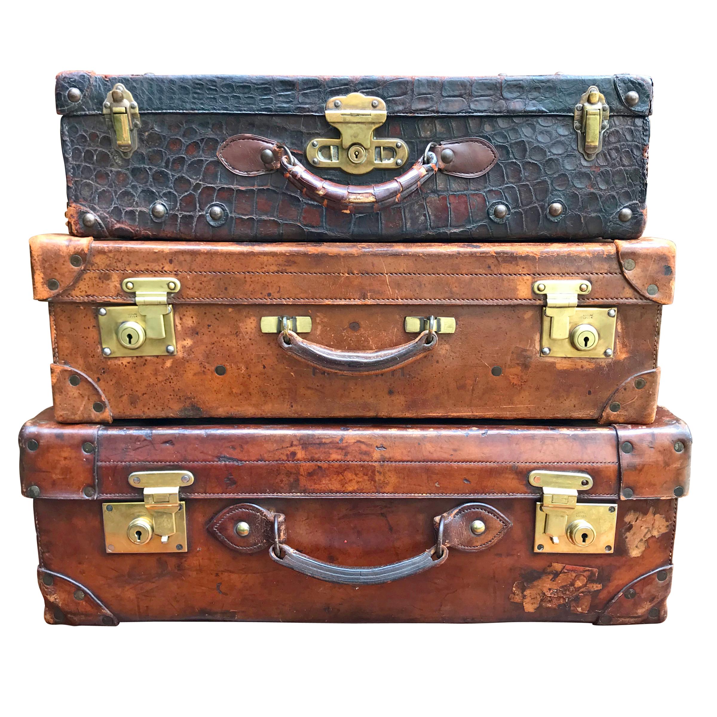 Set of Three English Edwardian Leather Suitcases