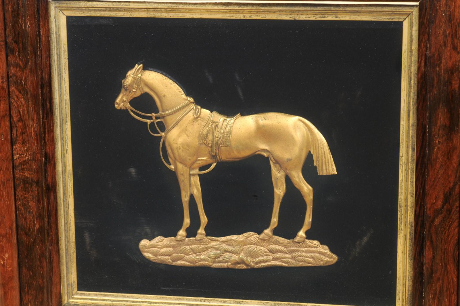 Set of Three Framed Gilt Bronze Horses Mounted on Black Velvet, circa 1850 1