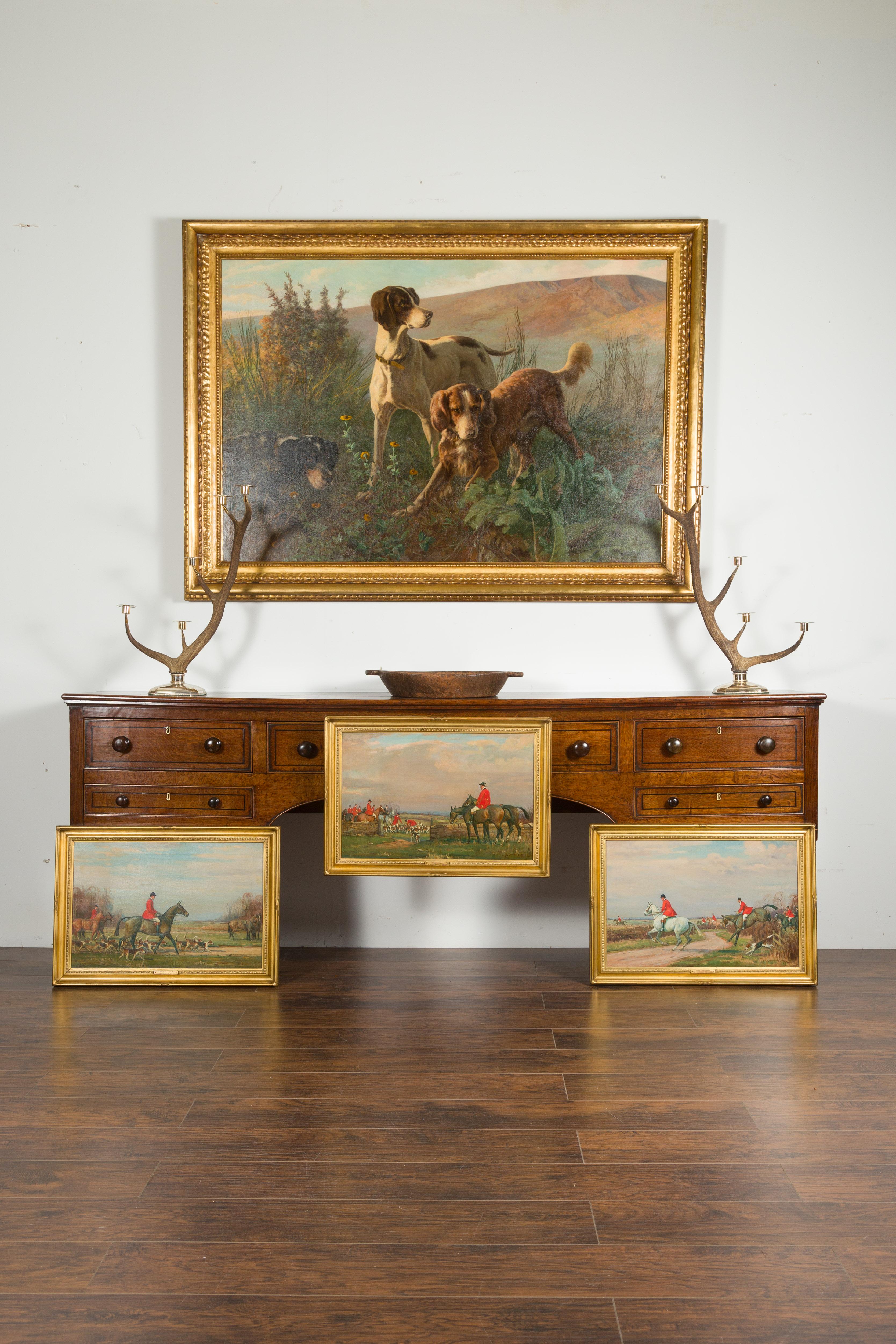Set of Three English Framed Oil on Canvas Hunt Paintings by John Sanderson Wells In Good Condition In Atlanta, GA