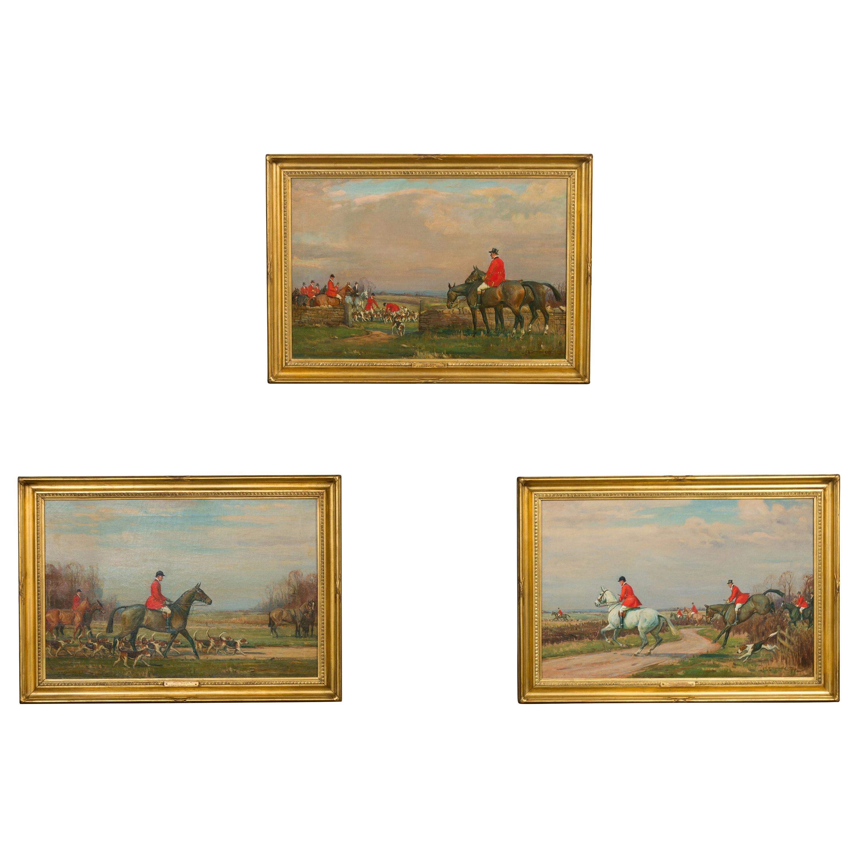 Set of Three English Framed Oil on Canvas Hunt Paintings by John Sanderson Wells