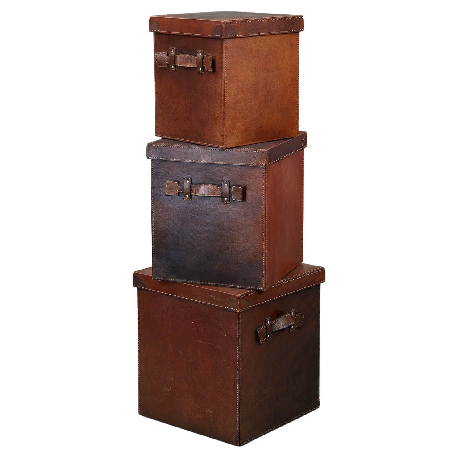 Set of Three English Nesting Leather Dispatch Boxes