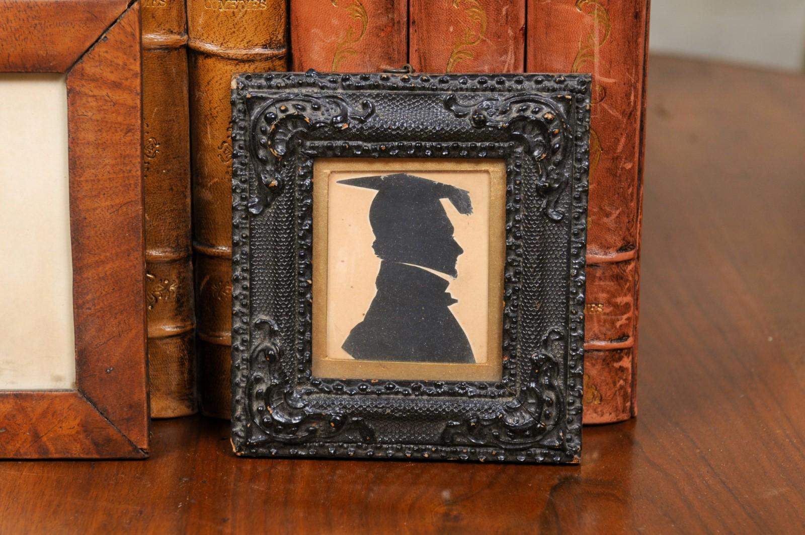 Set of Three English Victorian Period Framed Wooden Silhouette Miniatures In Good Condition In Atlanta, GA