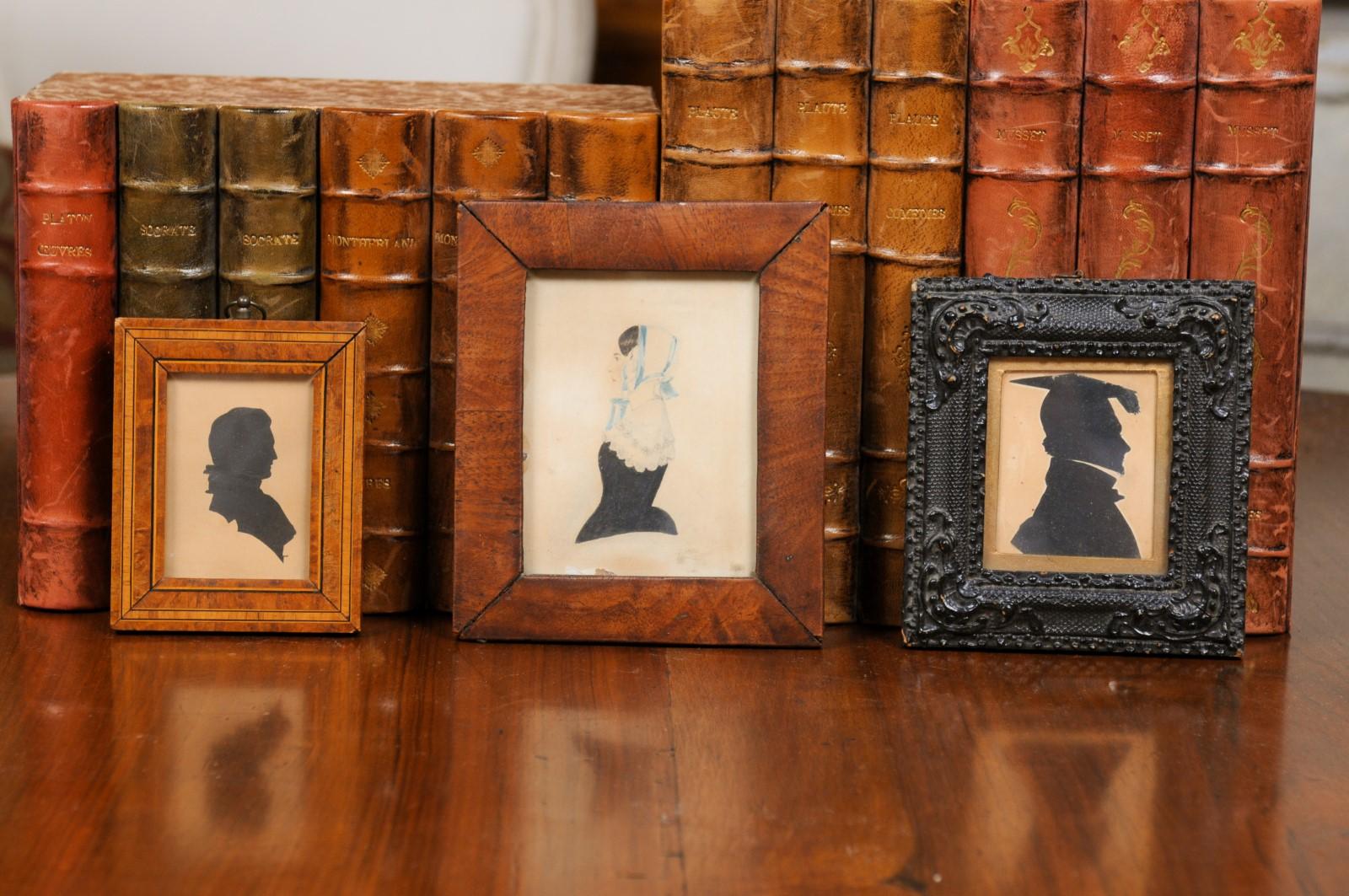 Set of Three English Victorian Period Framed Wooden Silhouette Miniatures 1