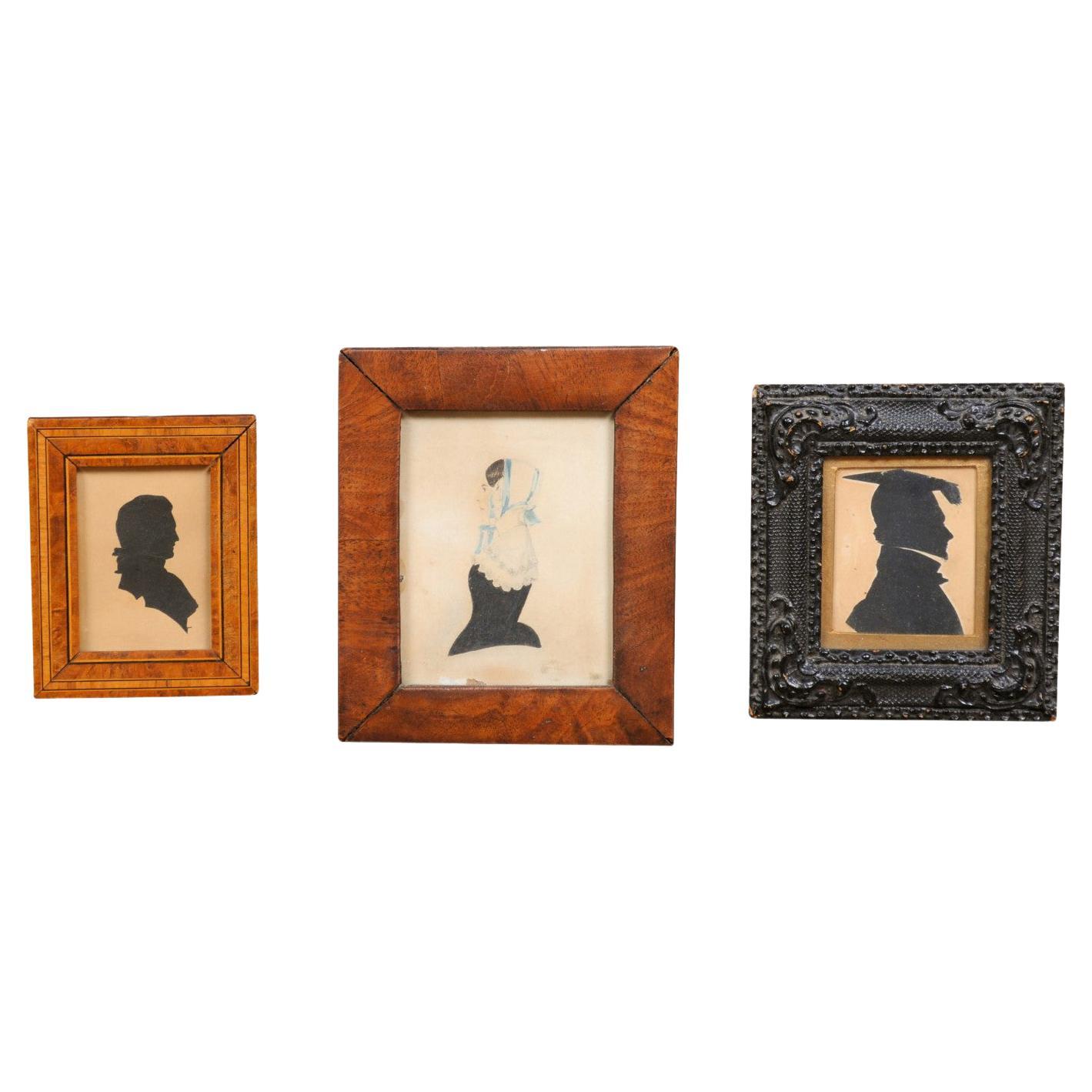 Set of Three English Victorian Period Framed Wooden Silhouette Miniatures