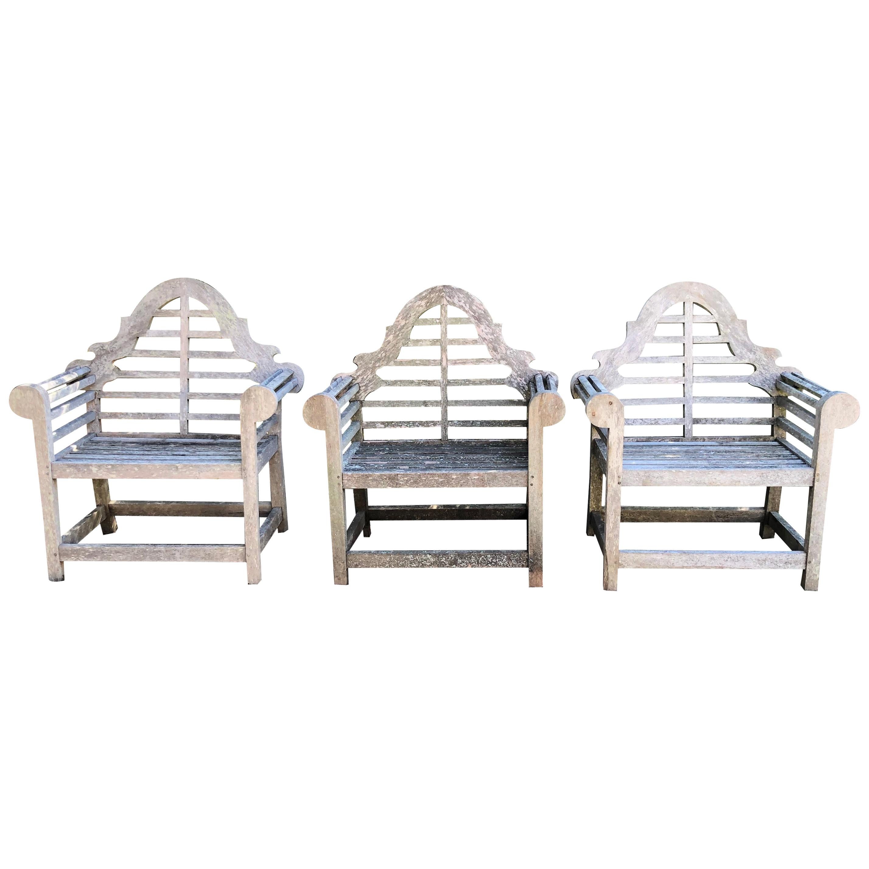 Set Of Three English Weathered Lutyens Style Chairs In Teak For
