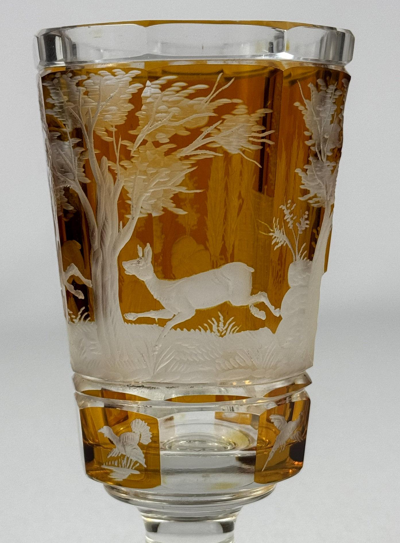 Set of three engraved goblets, cut with amber glaze, 20th century For Sale 4