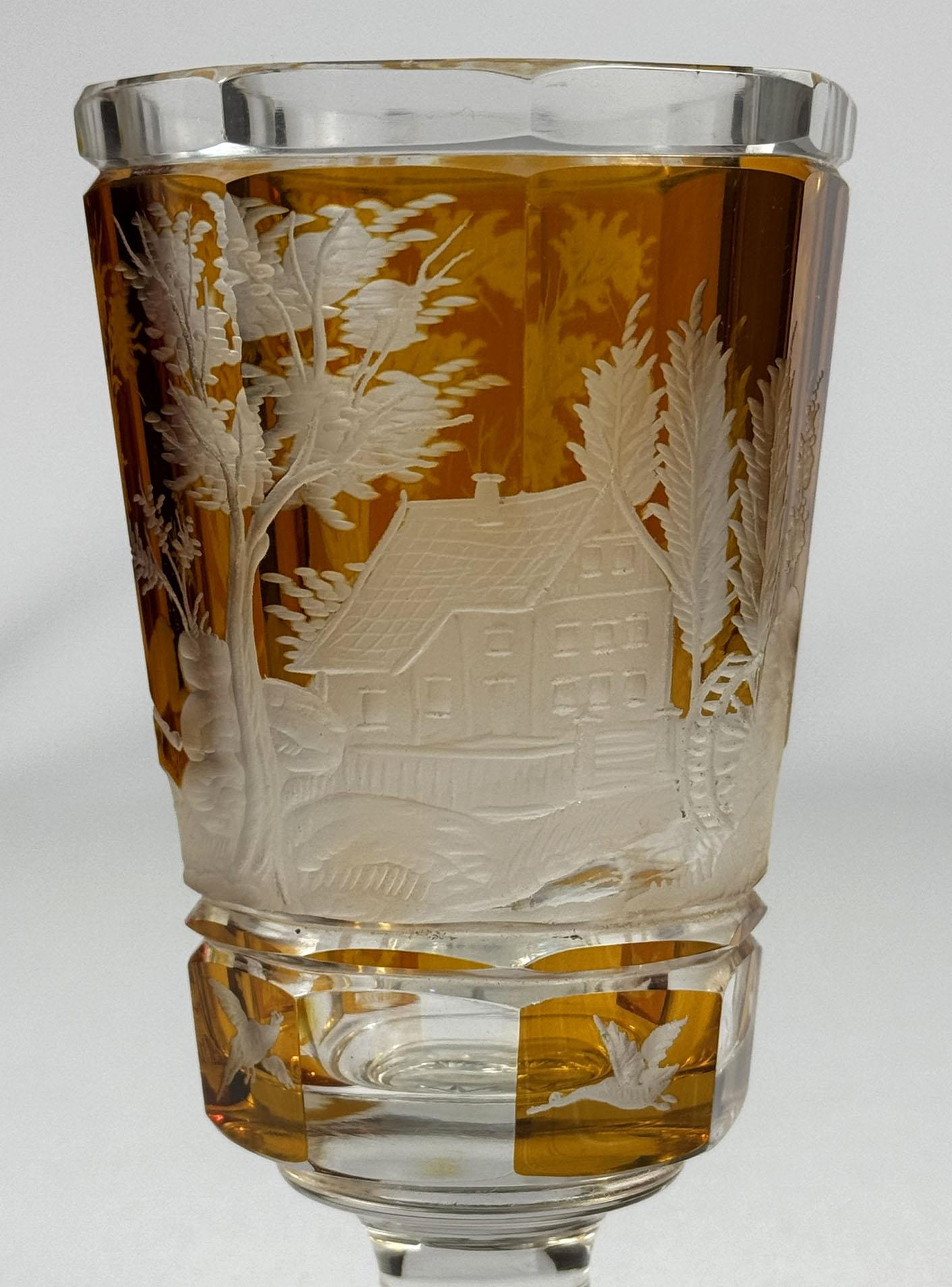 Set of three engraved goblets, cut with amber glaze, 20th century For Sale 5