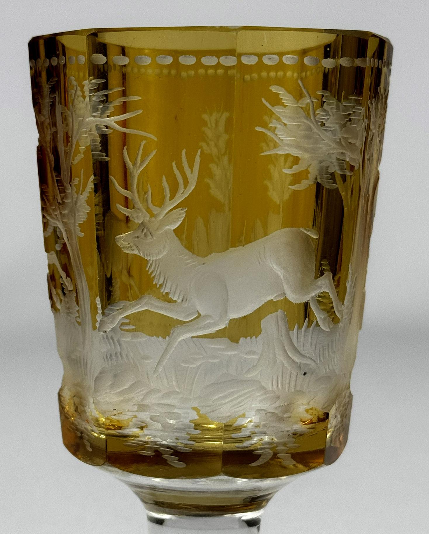 Set of three engraved goblets, cut with amber glaze, 20th century For Sale 9
