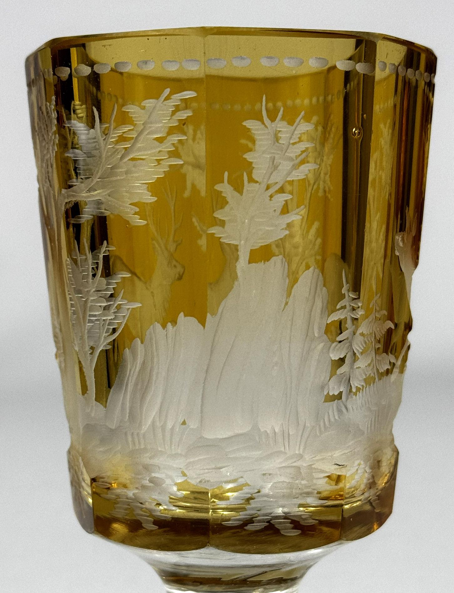 Set of three engraved goblets, cut with amber glaze, 20th century For Sale 10