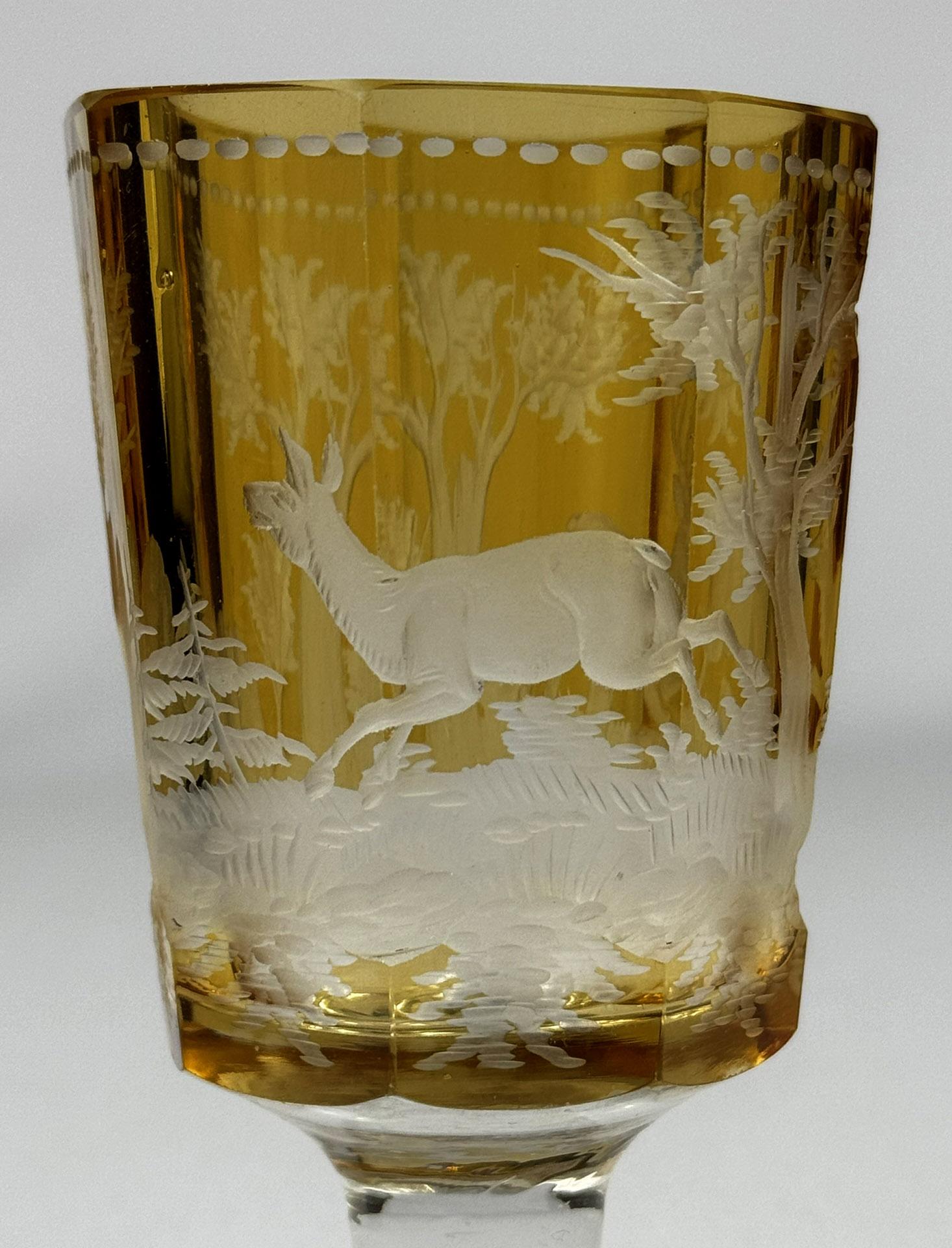 Set of three engraved goblets, cut with amber glaze, 20th century For Sale 11