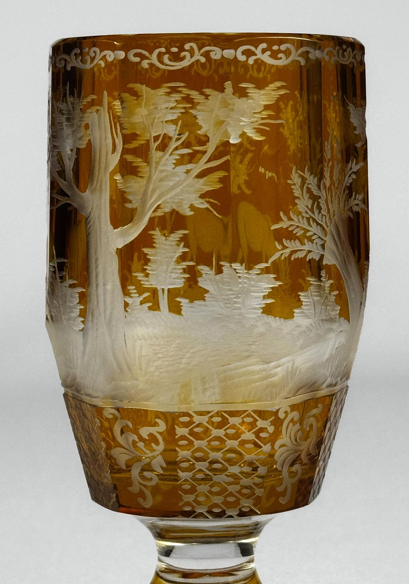 20th Century Set of three engraved goblets, cut with amber glaze, 20th century For Sale