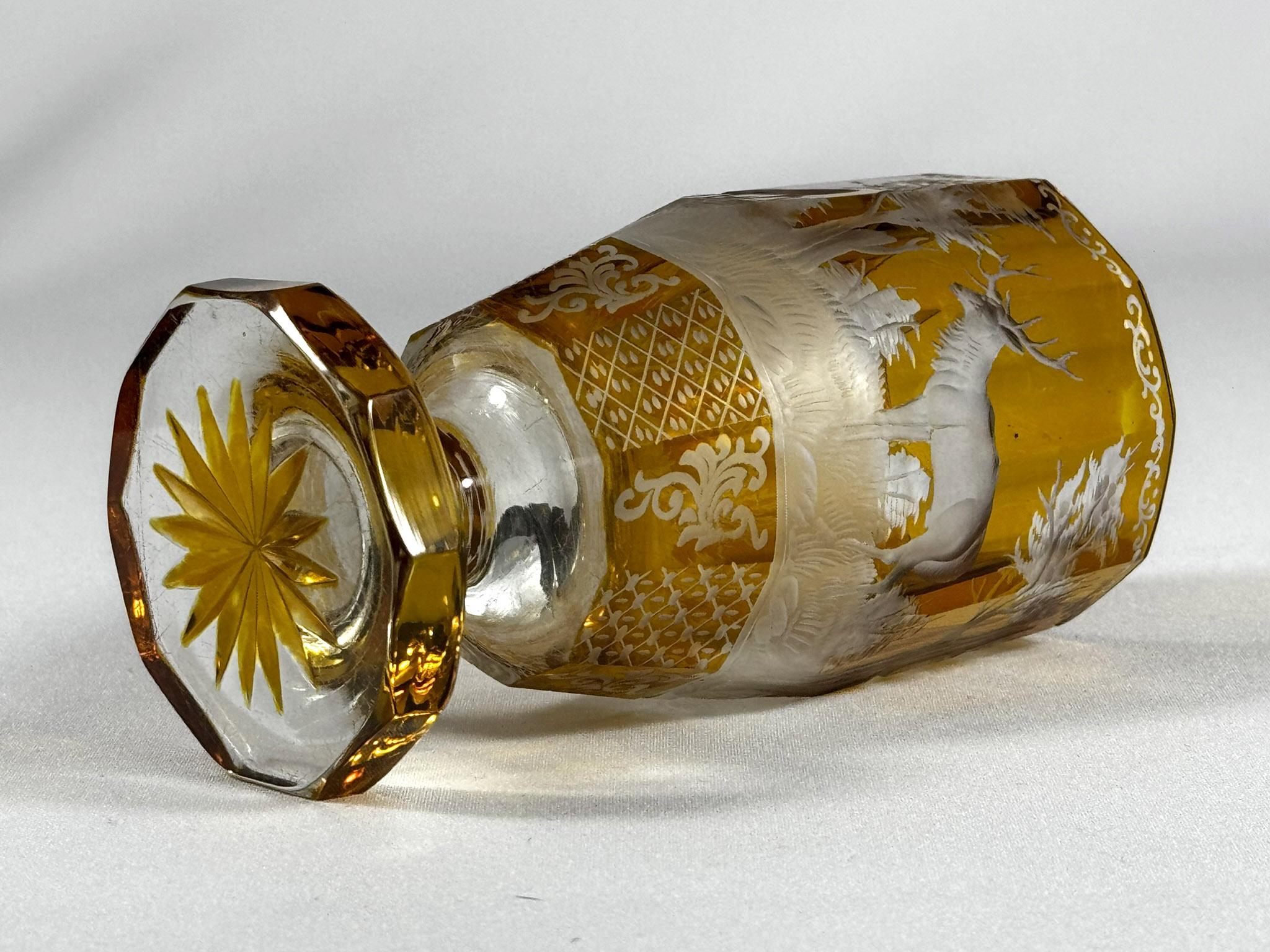 Set of three engraved goblets, cut with amber glaze, 20th century For Sale 1