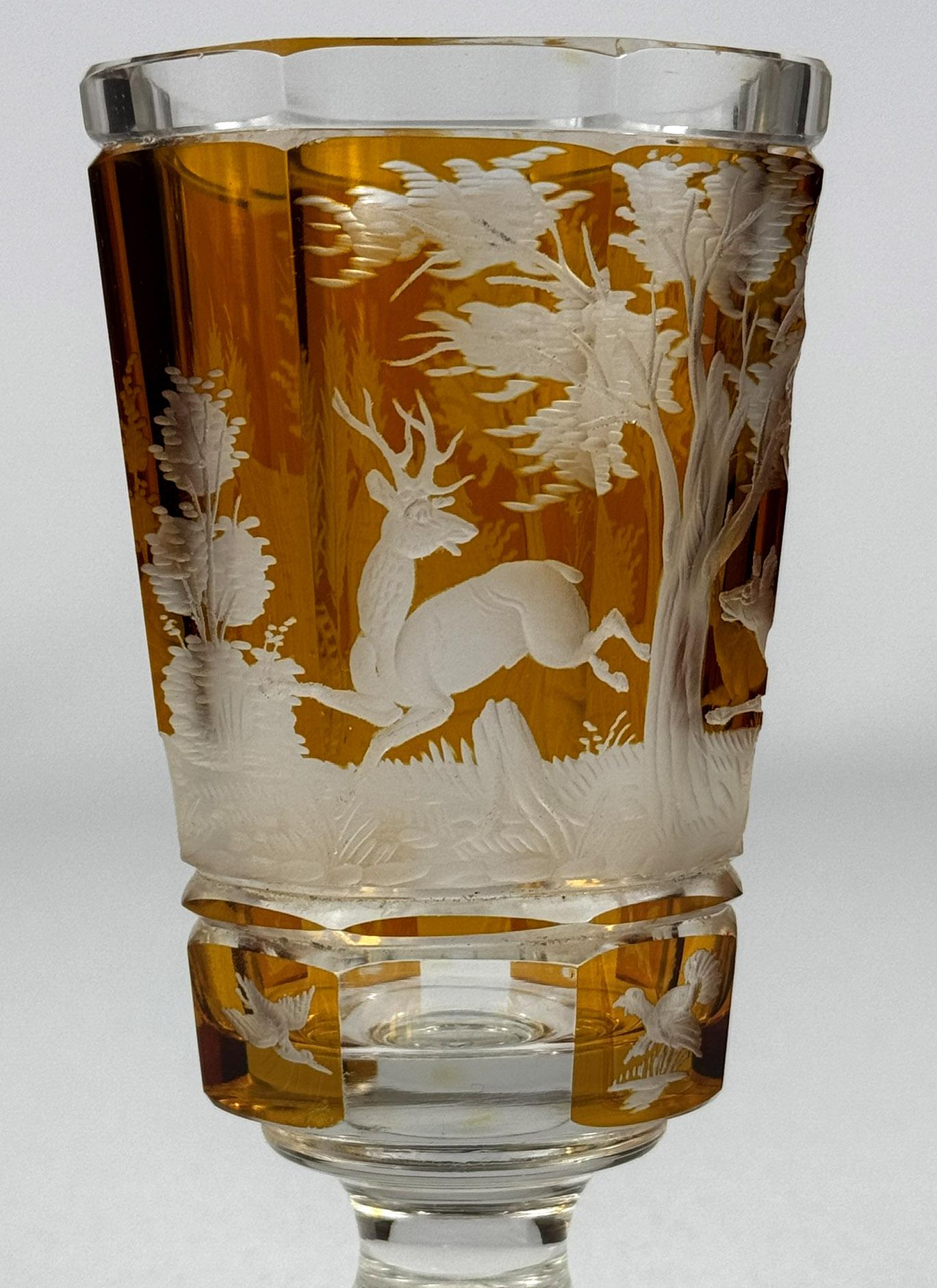 Set of three engraved goblets, cut with amber glaze, 20th century For Sale 3