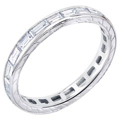 Set of Three Engraved Gold Bands Two Baguette Diamond One Baguette Sapphire